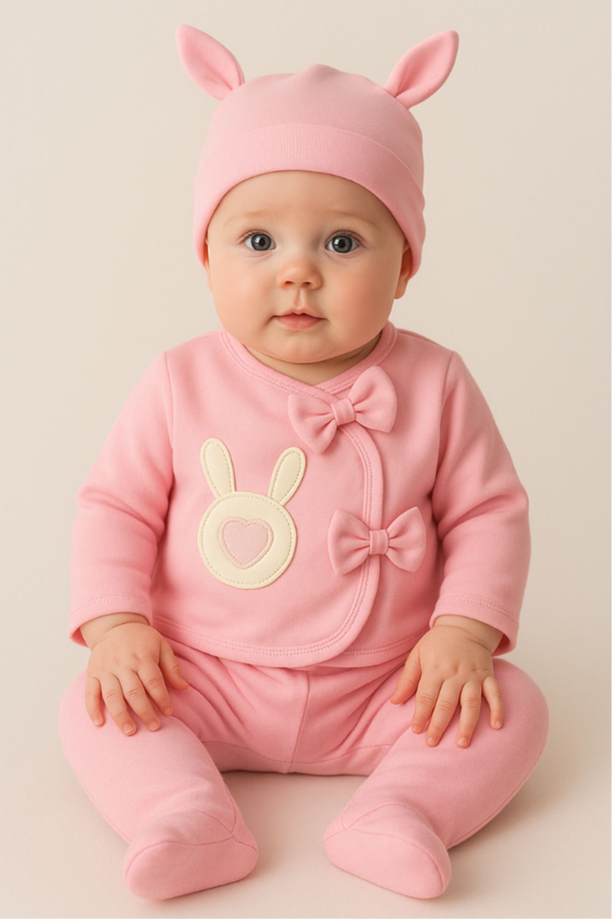 Organik Kız Bebek  Desenli 5'li Tulum Hastane Çıkışı Yenidoğan Kıyafet Mama Önlüğü - pembe tavşan