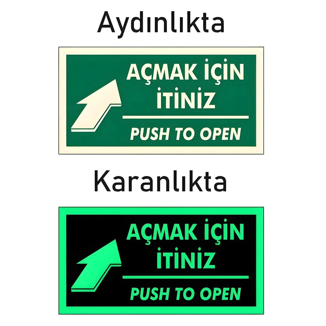 Fotolümen Fosforlu Açmak Için İtiniz Yön Levhası (12x25cm)