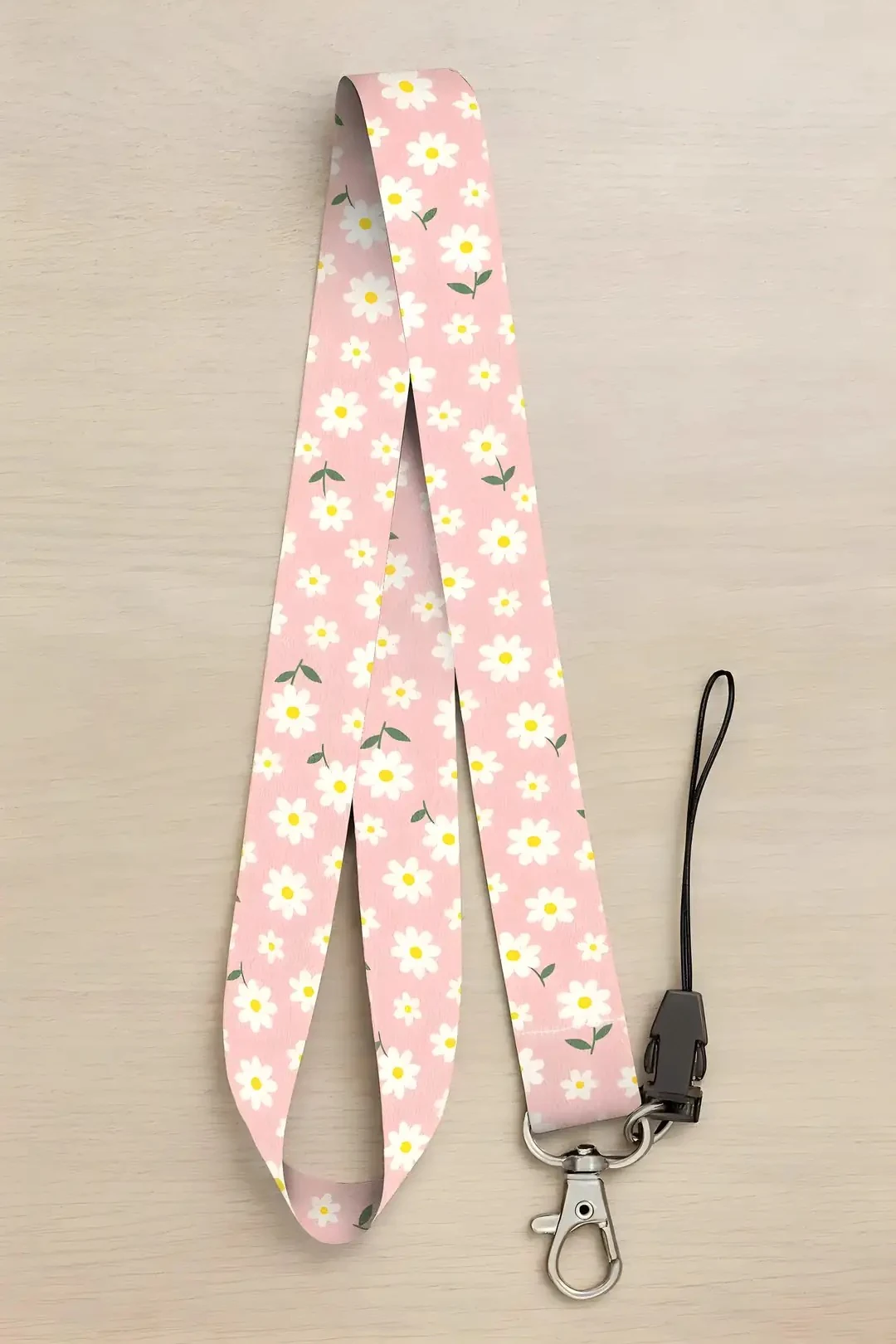 Boyun Askı İpi Yaka Kartı Kimlik Askısı Telefon Aksesuarı (ASK0354-Pembe Papatya)