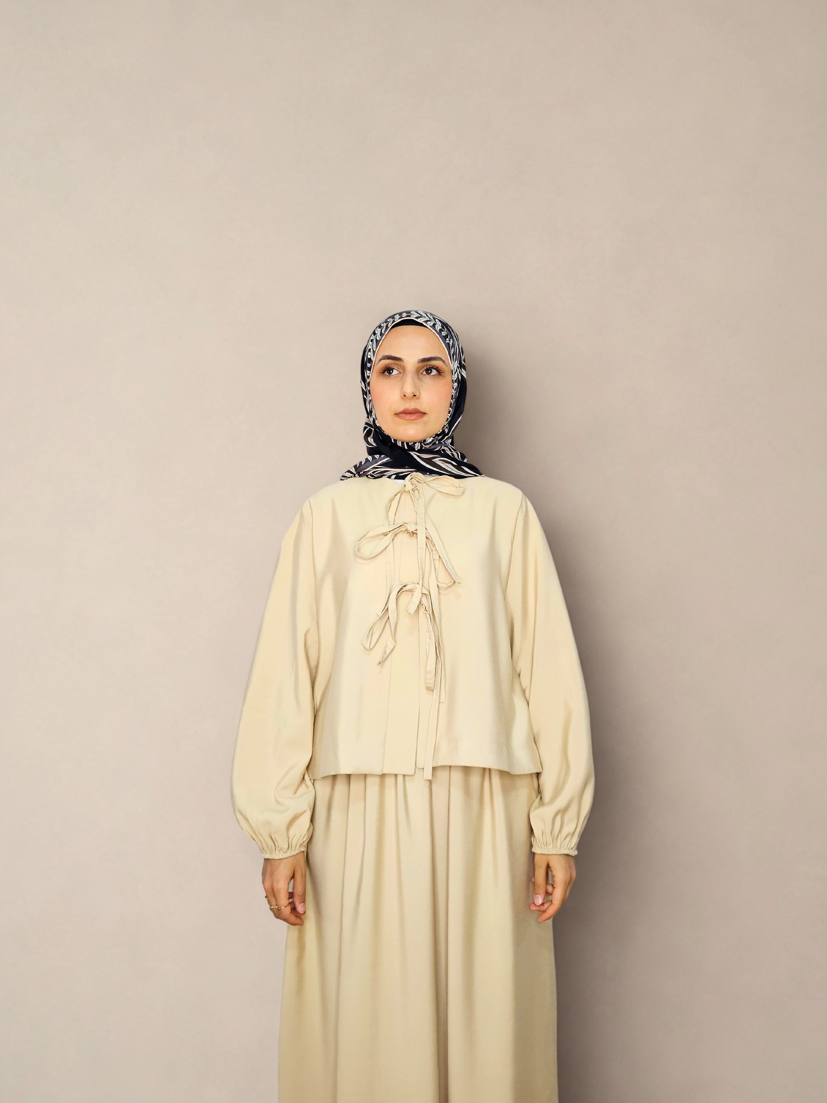 ALYA Kurdele Detaylı Taş Rengi İkili Takım – Kimono & Etek