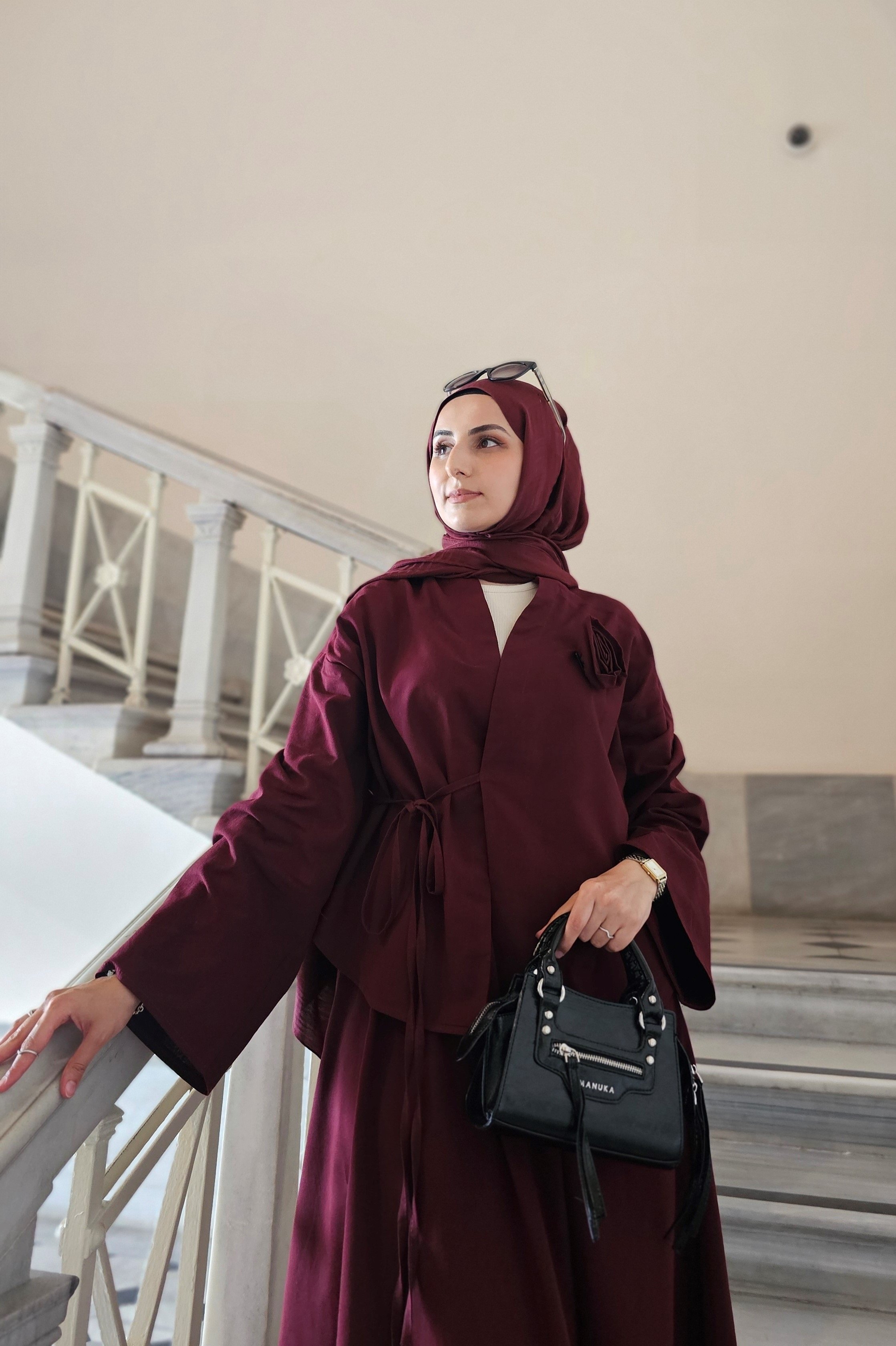 Gül Detaylı Kimono Etek Takım  - Bordo