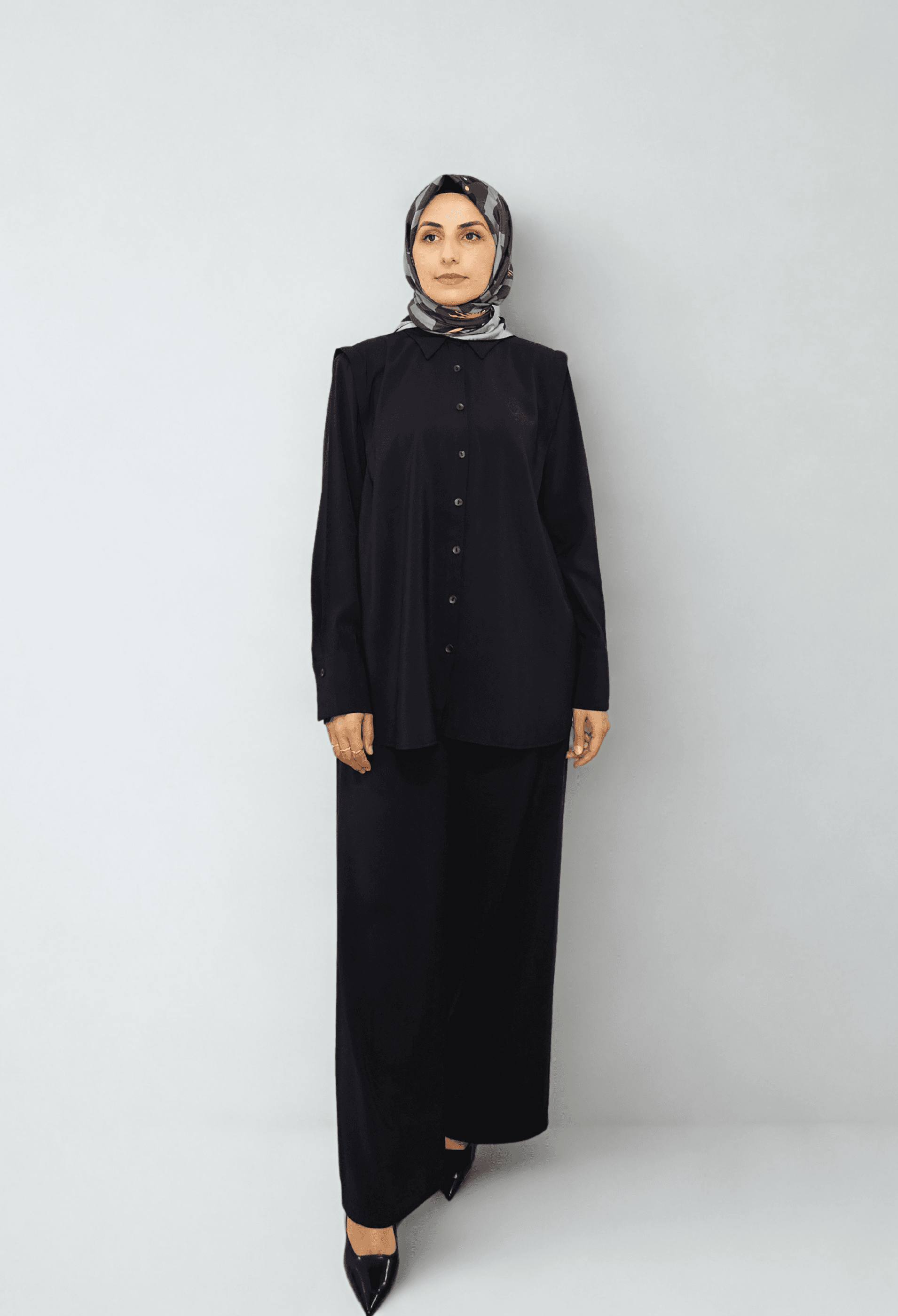 Vatkalı Tencel Gömlek Takım  - Siyah