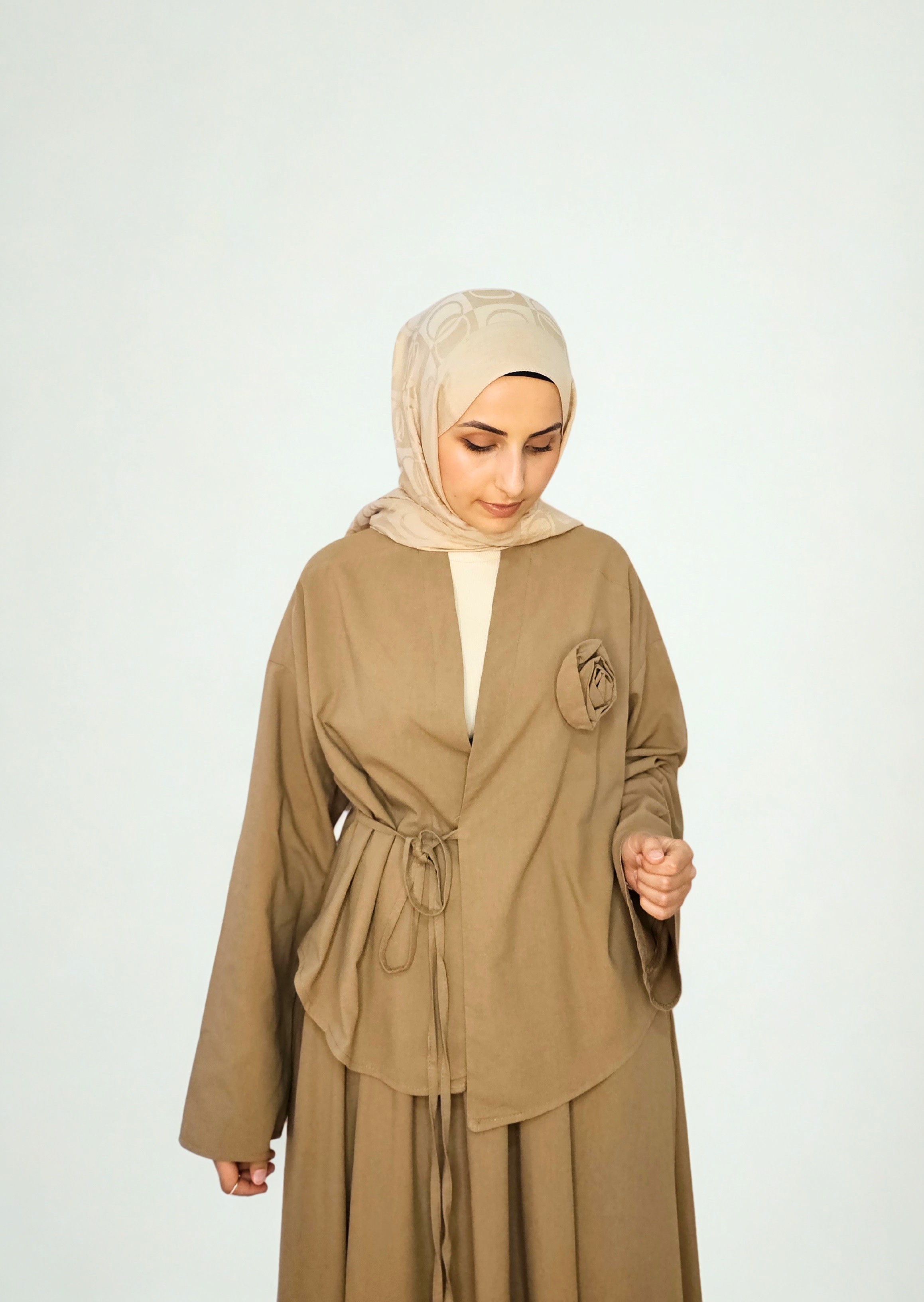 Gül Detaylı Kimono Etek Takım  - Vizon