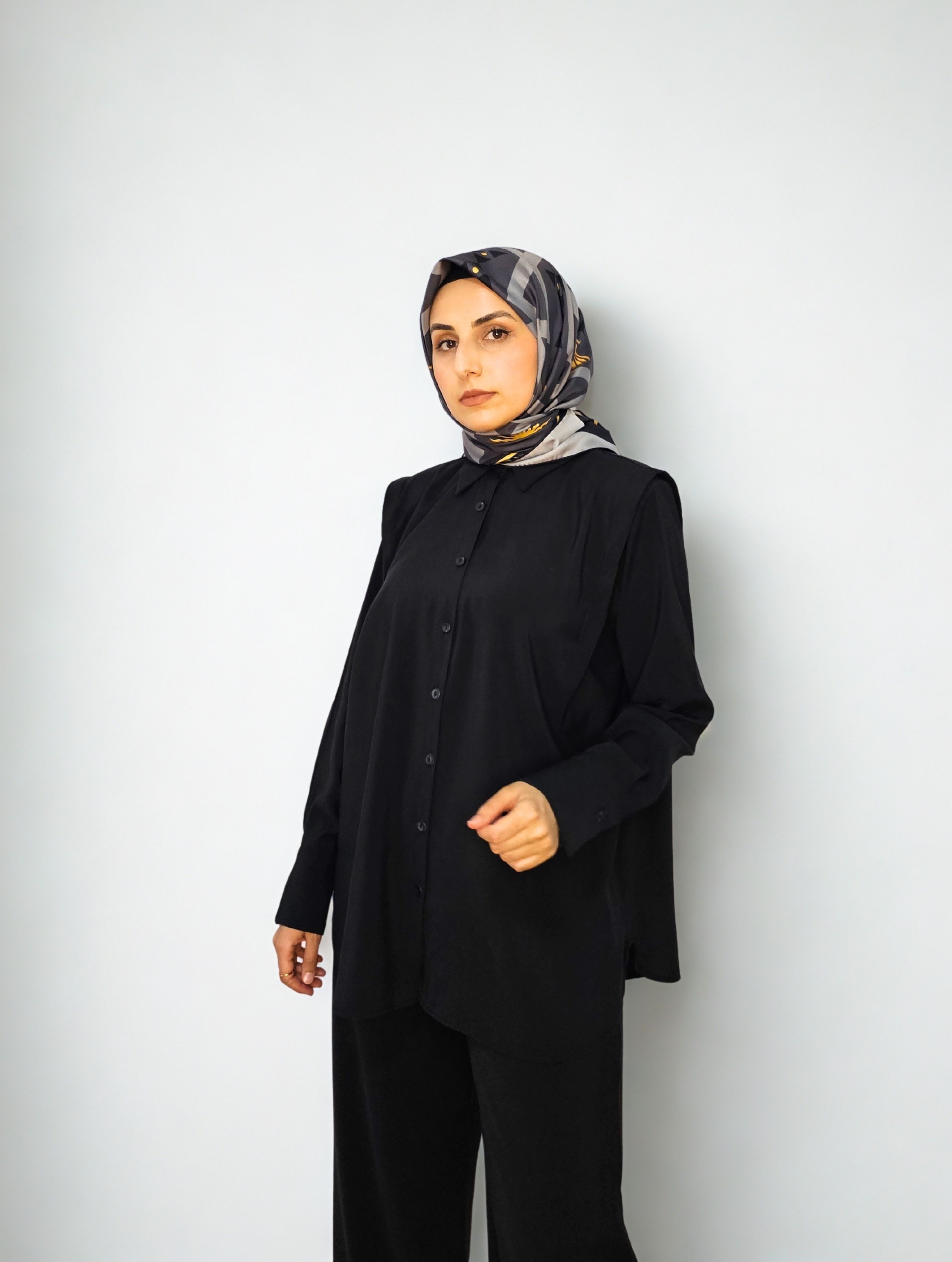 Vatkalı Tencel Gömlek Takım  - Siyah