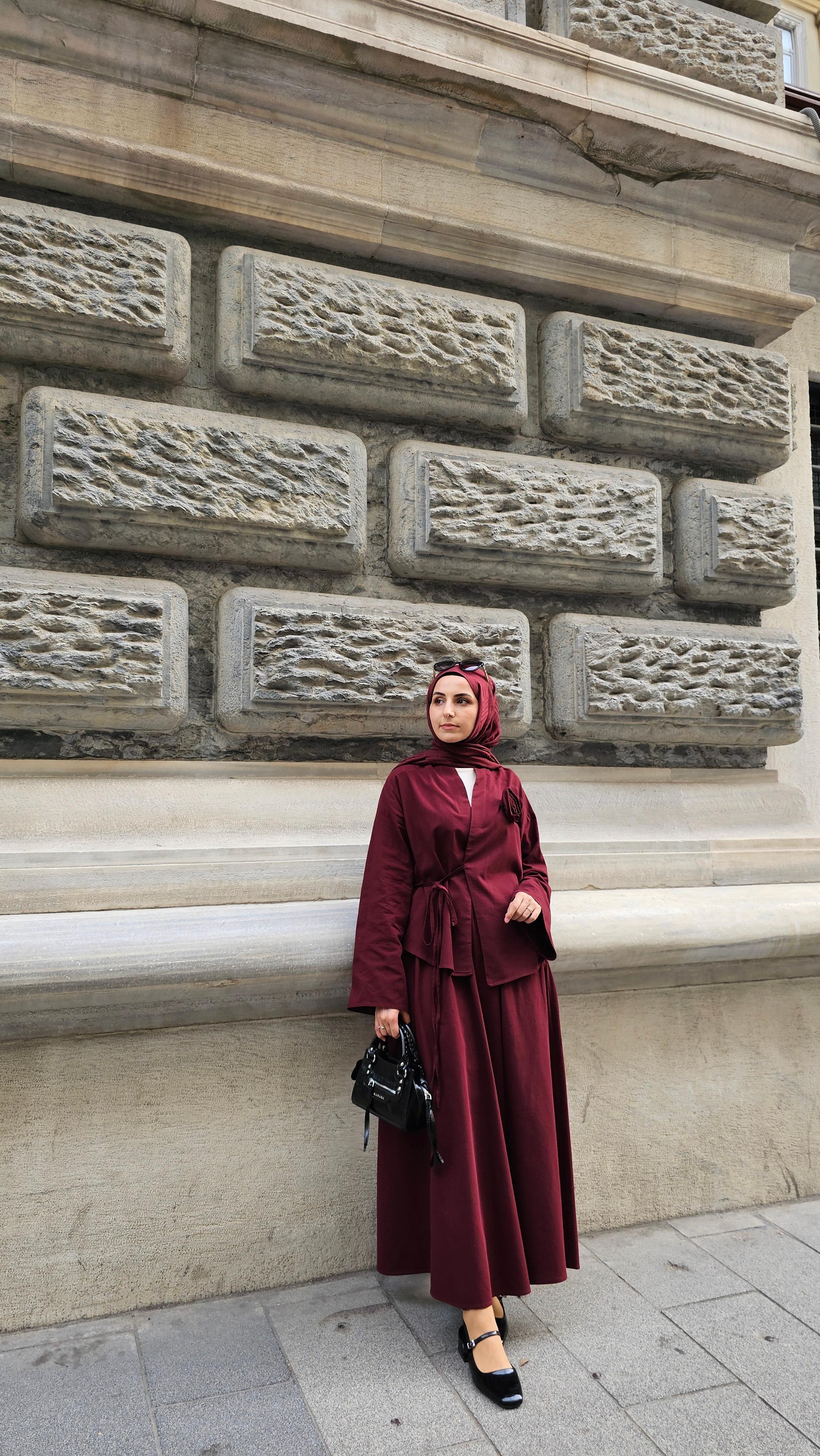 Gül Detaylı Kimono Etek Takım  - Bordo