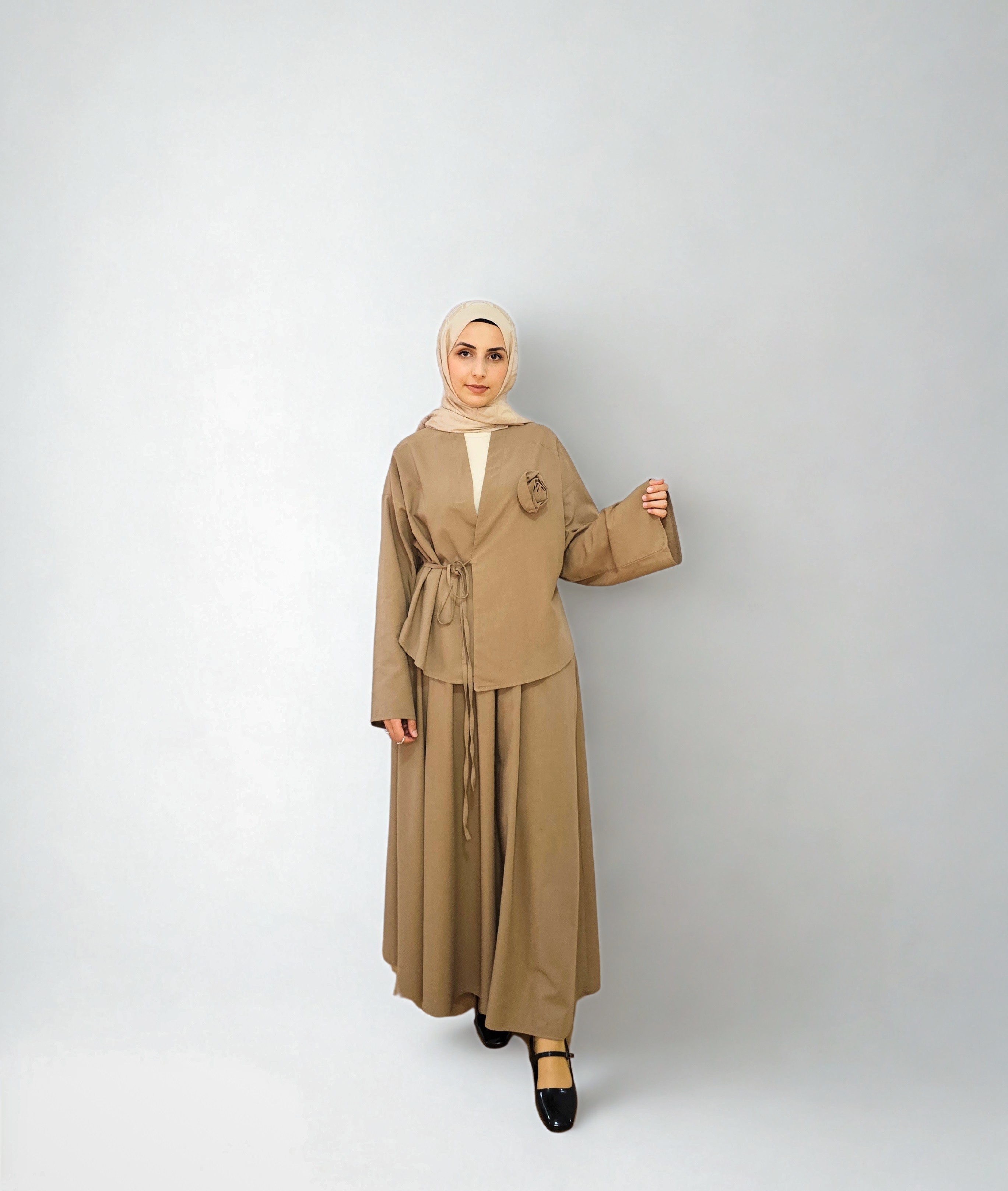 Gül Detaylı Kimono Etek Takım  - Vizon