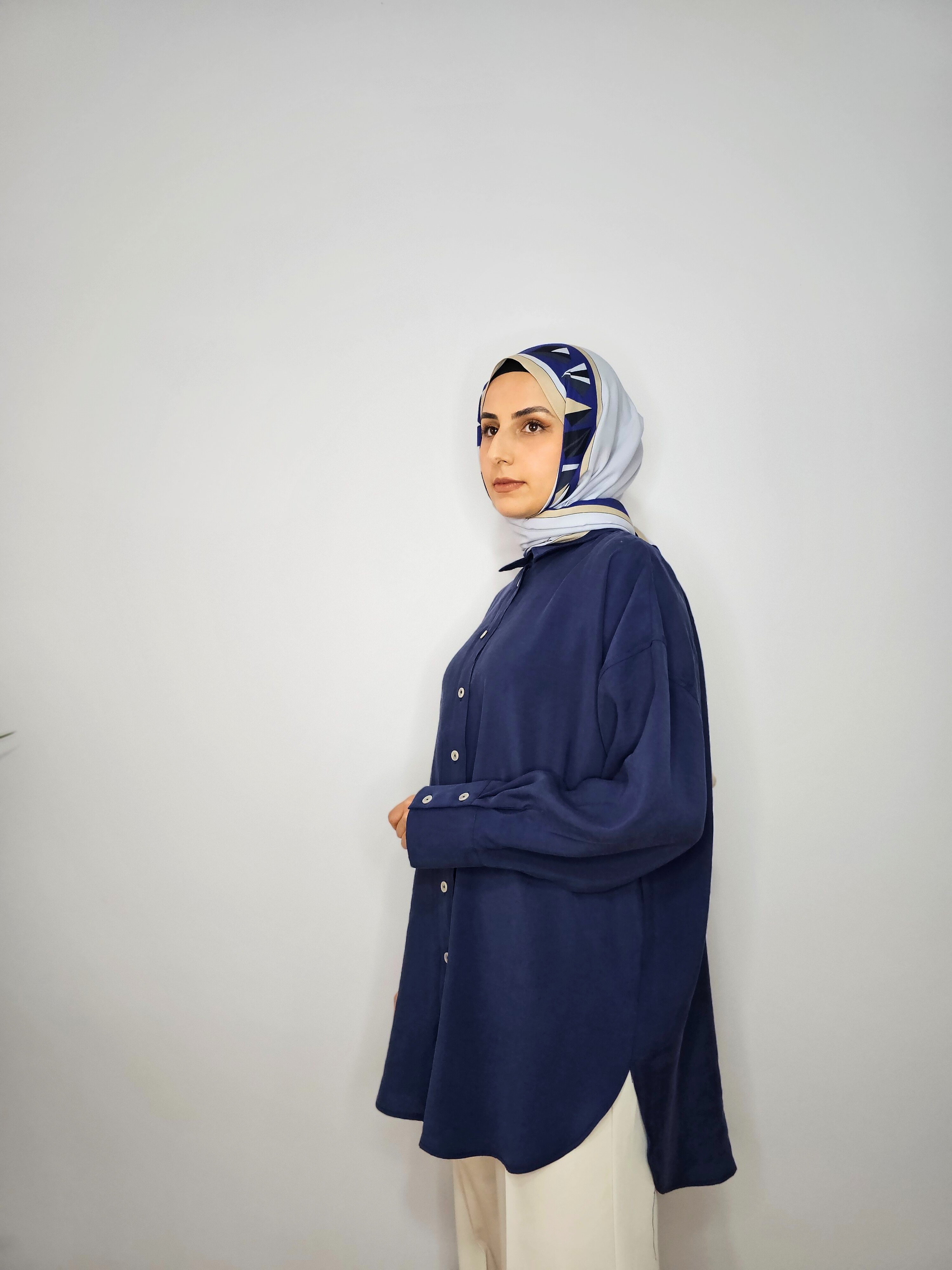 Oversize Modal Kadın Gömlek – Kemerli, Sedef Düğmeli - Modal Gömlek Saks Mavisi