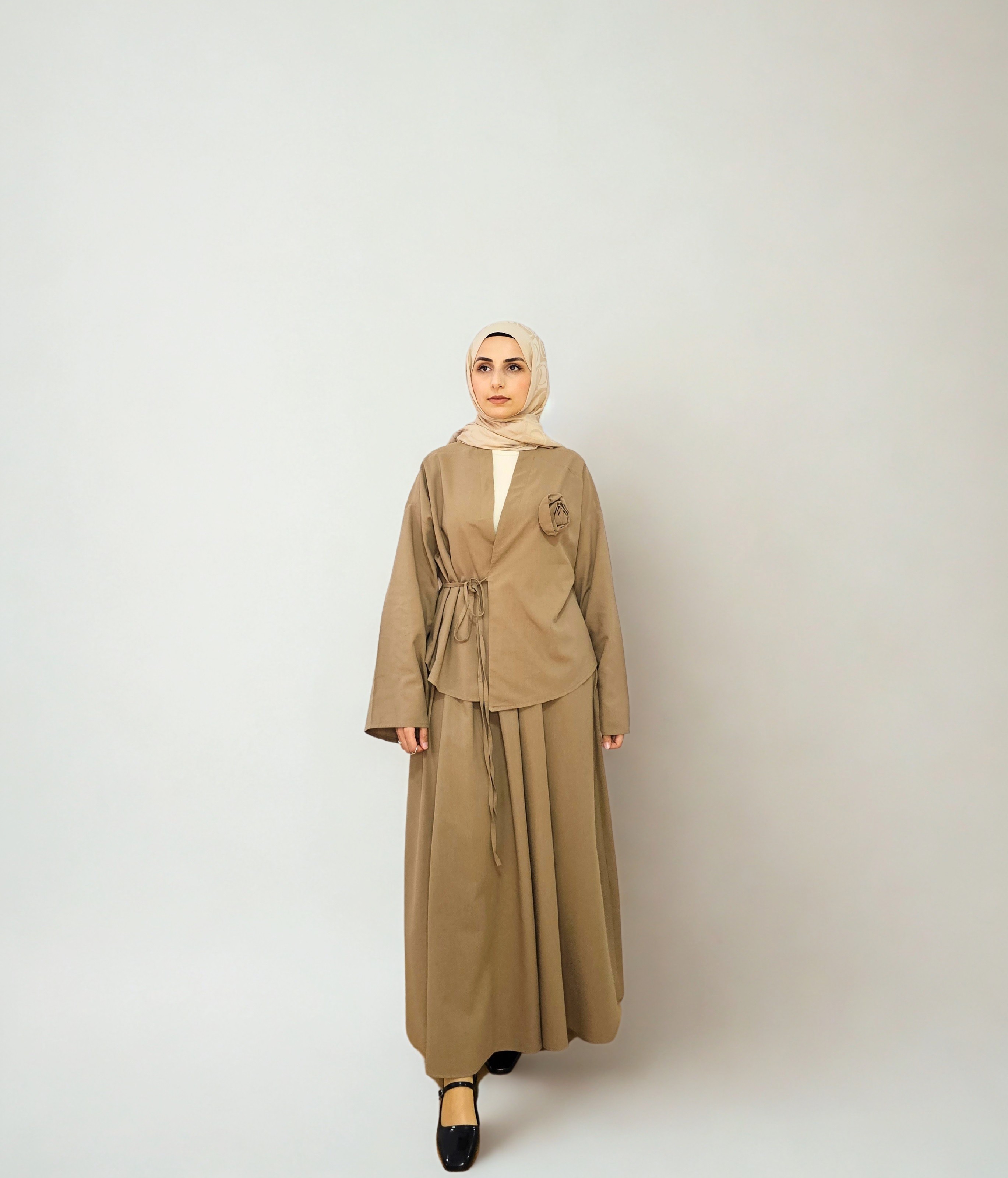 Gül Detaylı Kimono Etek Takım  - Vizon