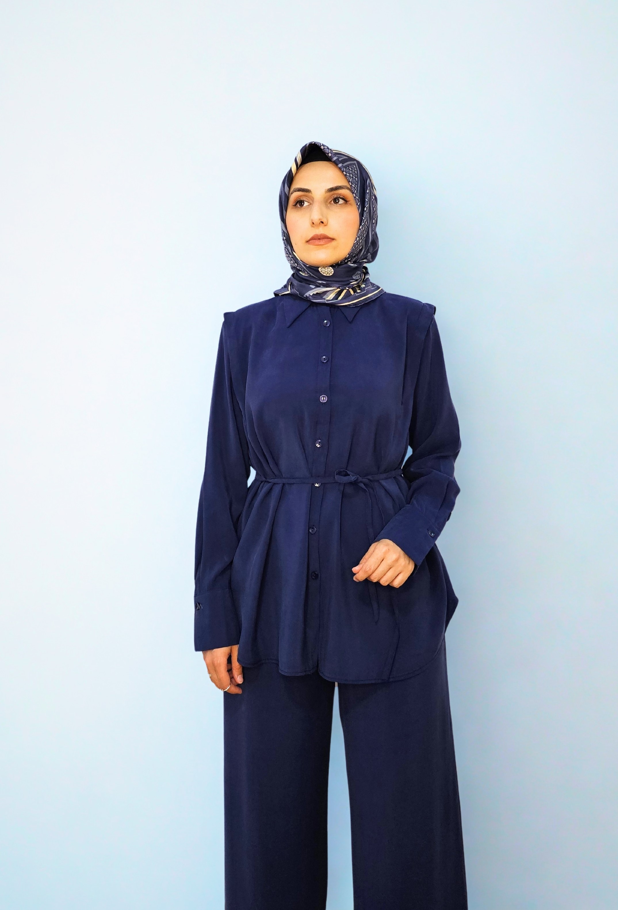 Vatkalı Tencel Gömlek Takım  - Lacivert