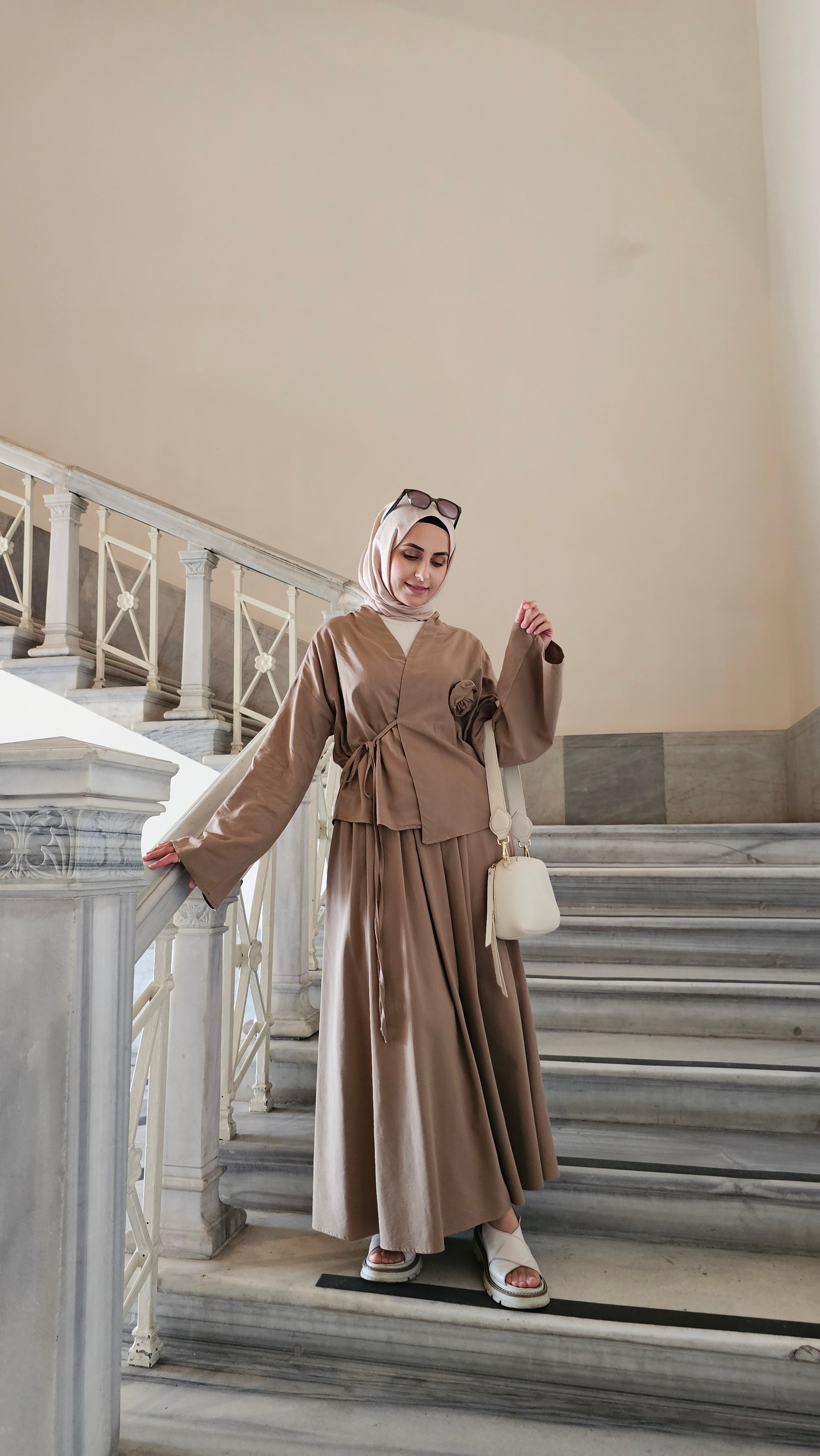 Gül Detaylı Kimono Etek Takım  - Vizon