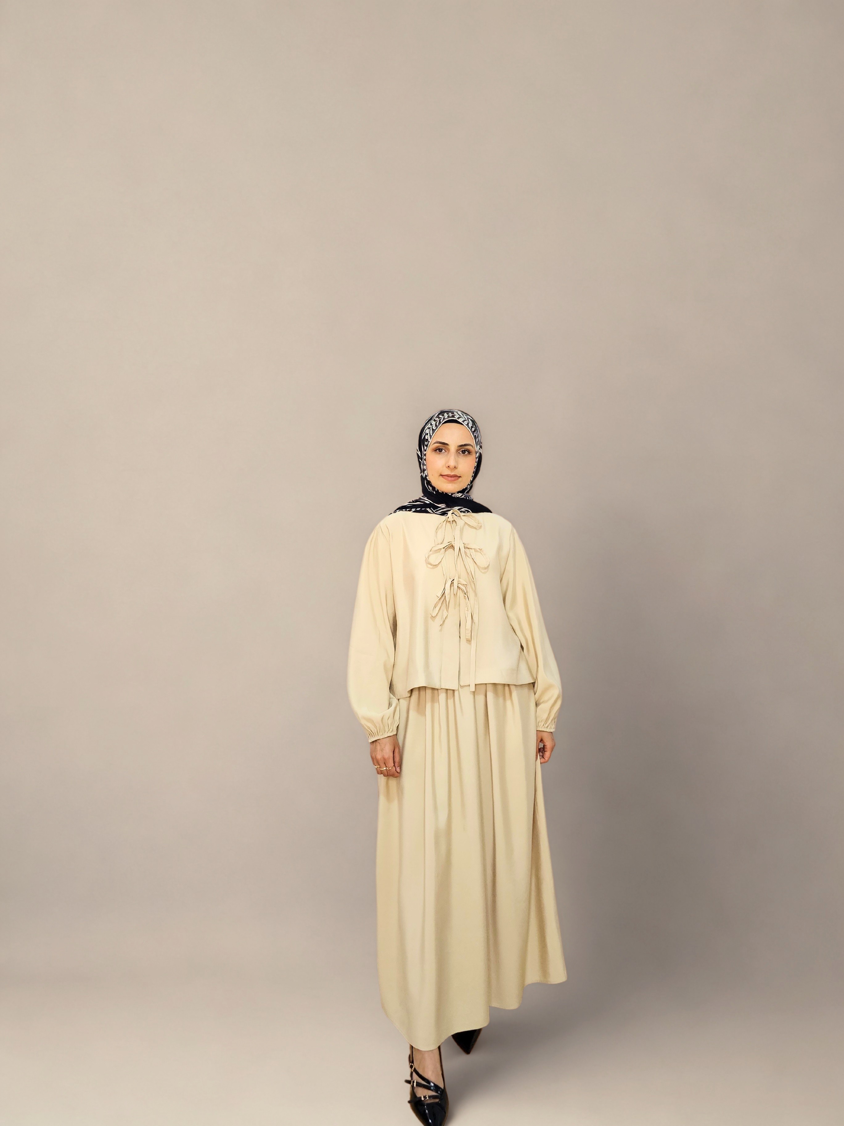 ALYA Kurdele Detaylı Taş Rengi İkili Takım – Kimono & Etek