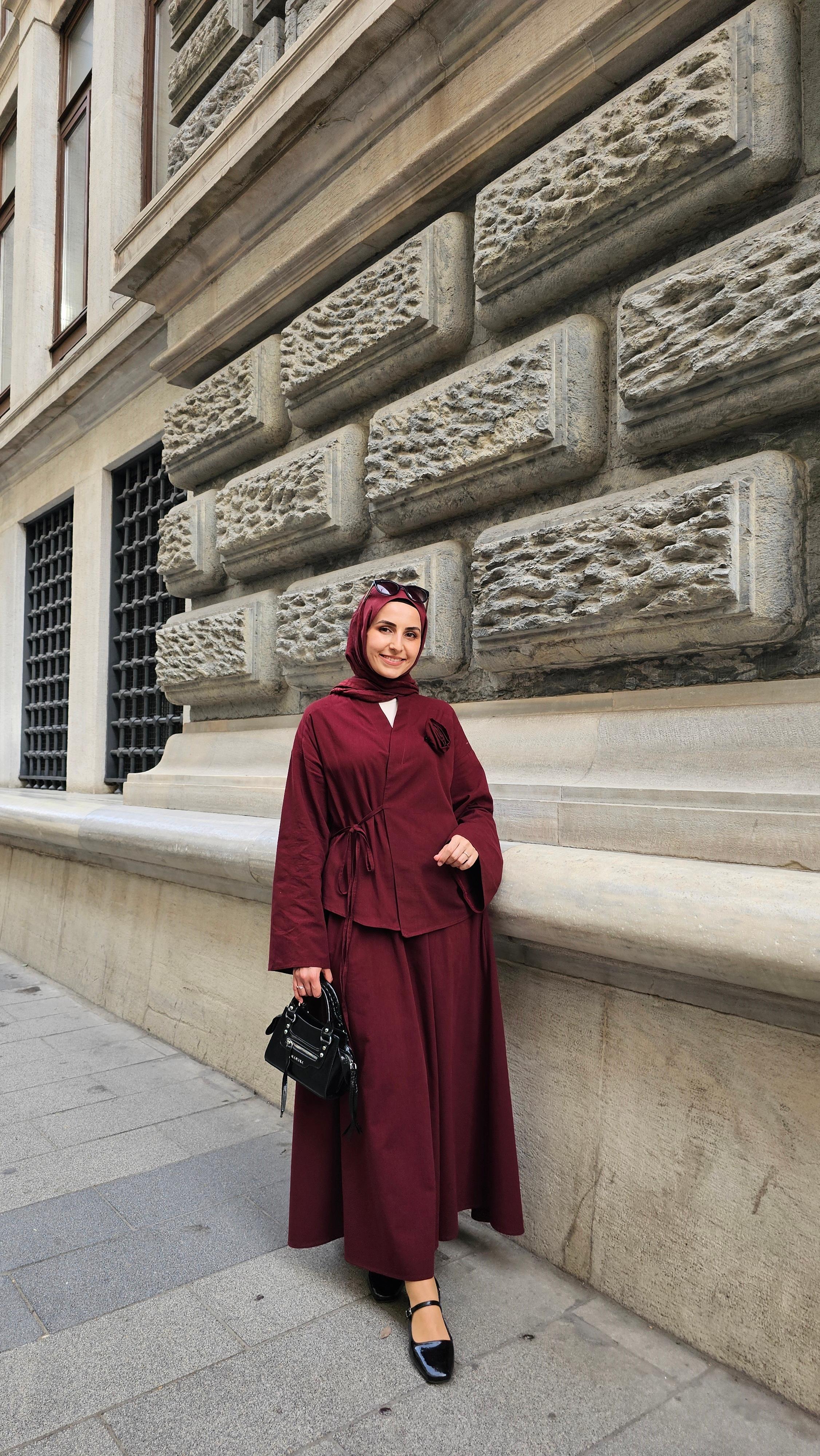 Gül Detaylı Kimono Etek Takım  - Bordo