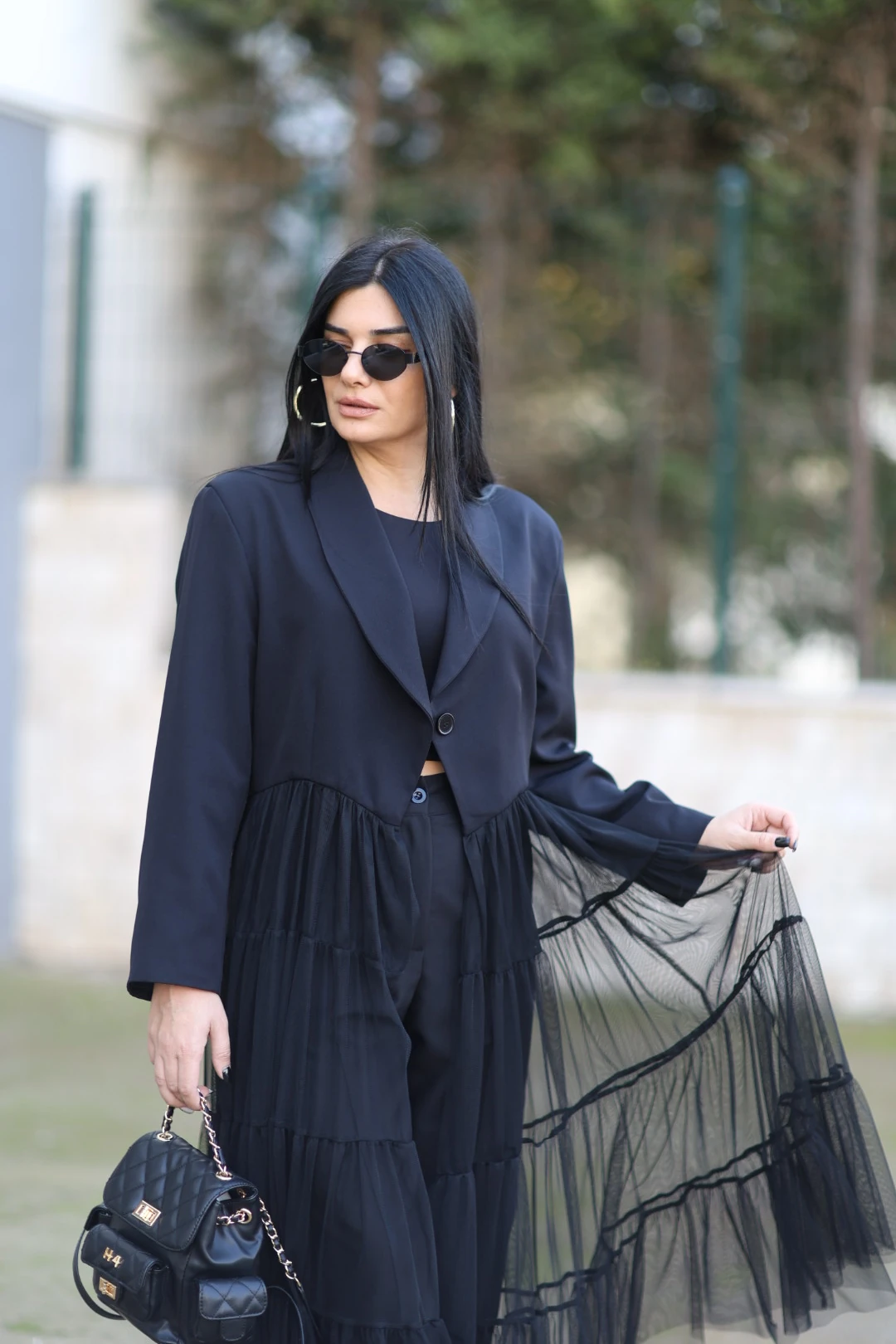 H4 Tüllü Tasarım Trençkot-Siyah