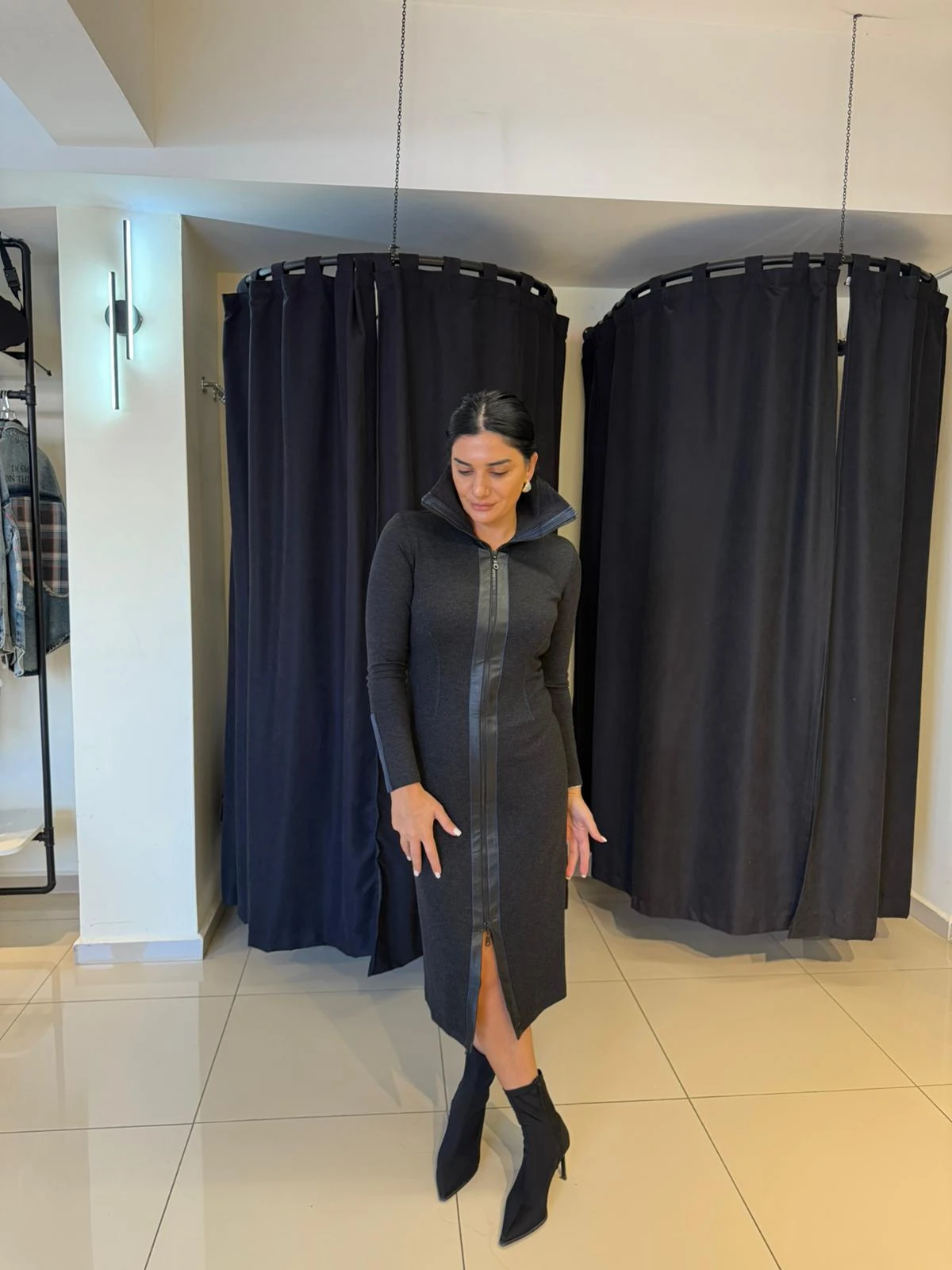 Kasha Fermuarlı Uzun Elbise-Antrasit