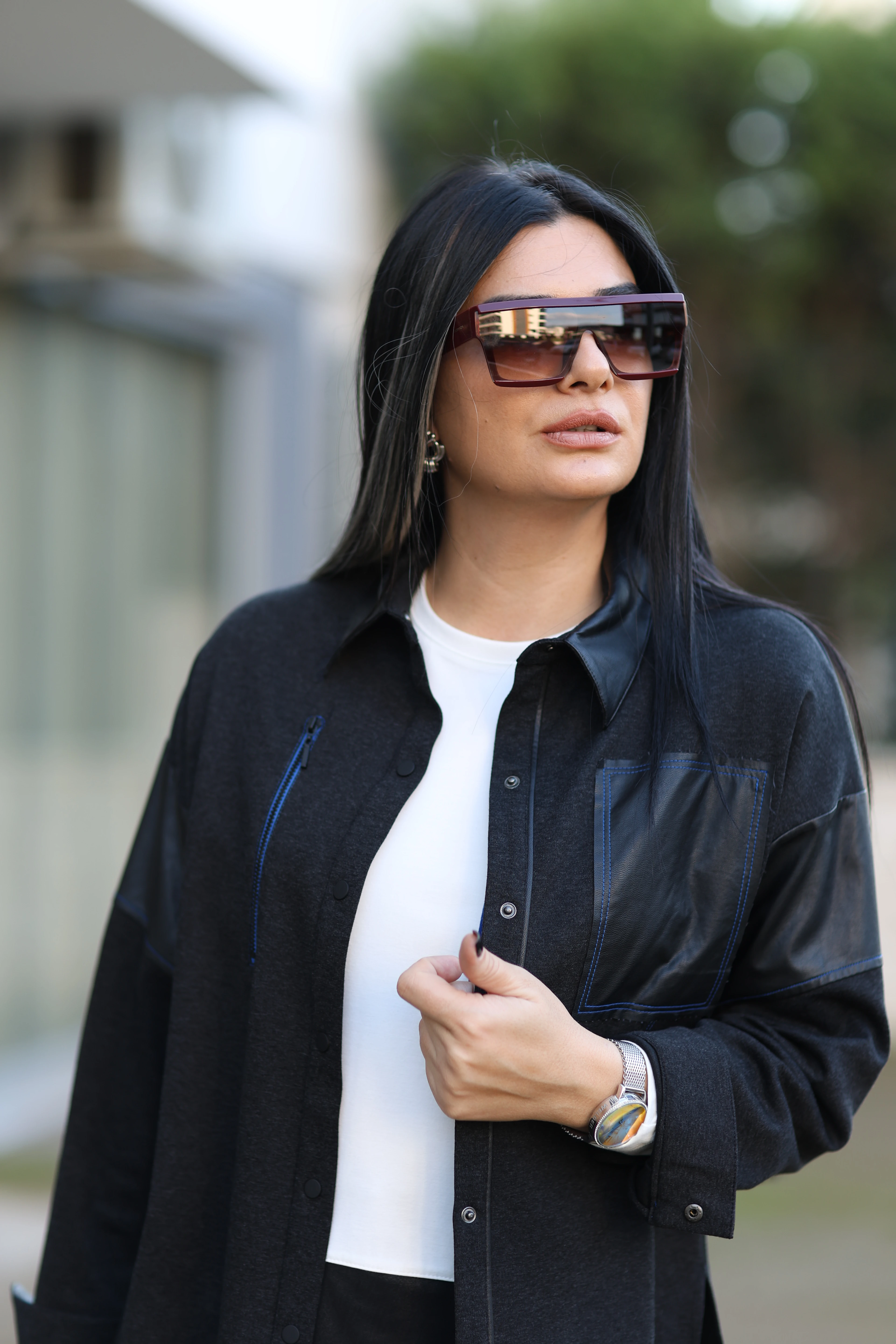 Kasha Büyük Beden Deri Detaylı Gömlek-Antrasit