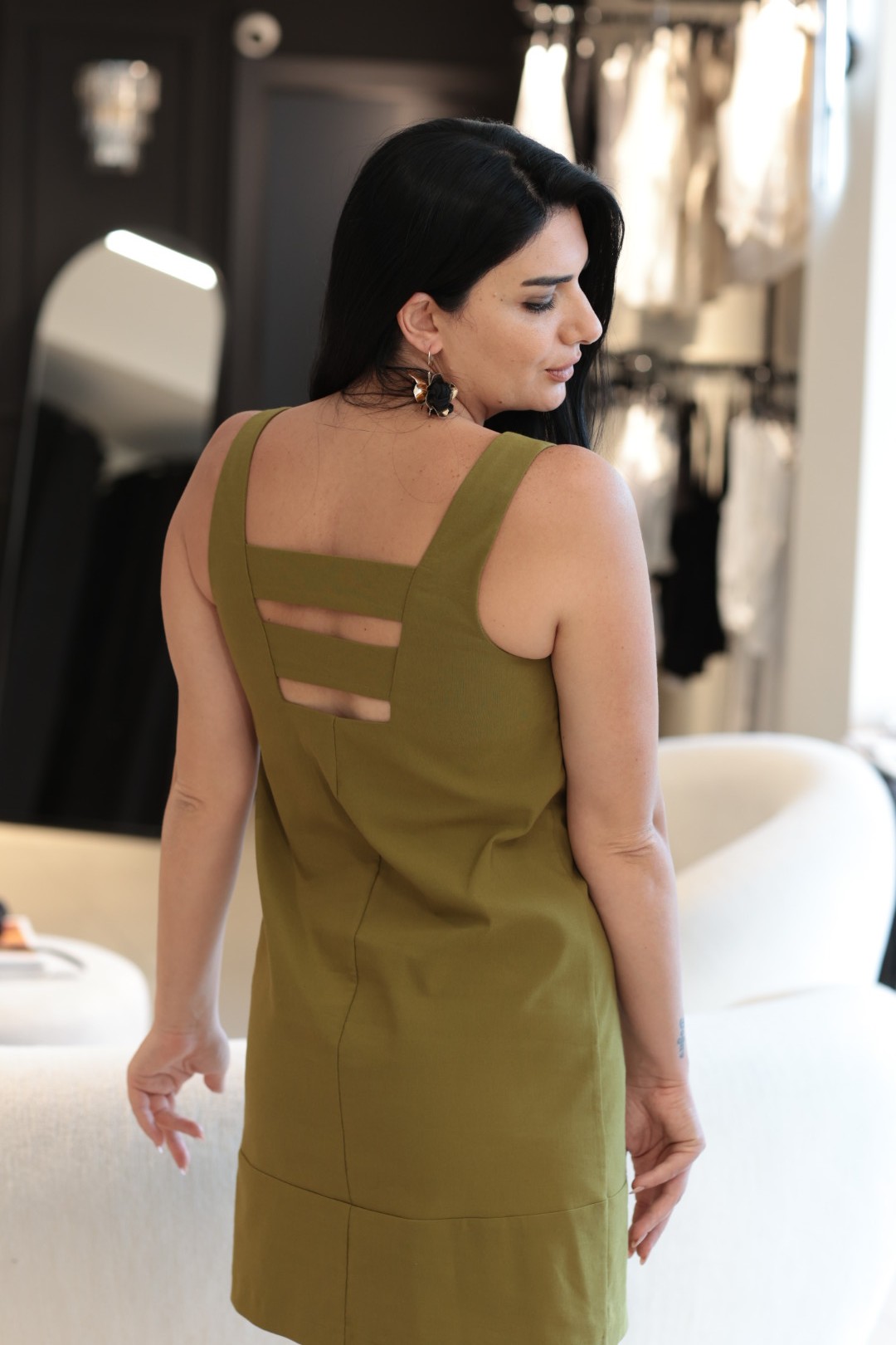 Olive Cepli Kolsuz Elbise 