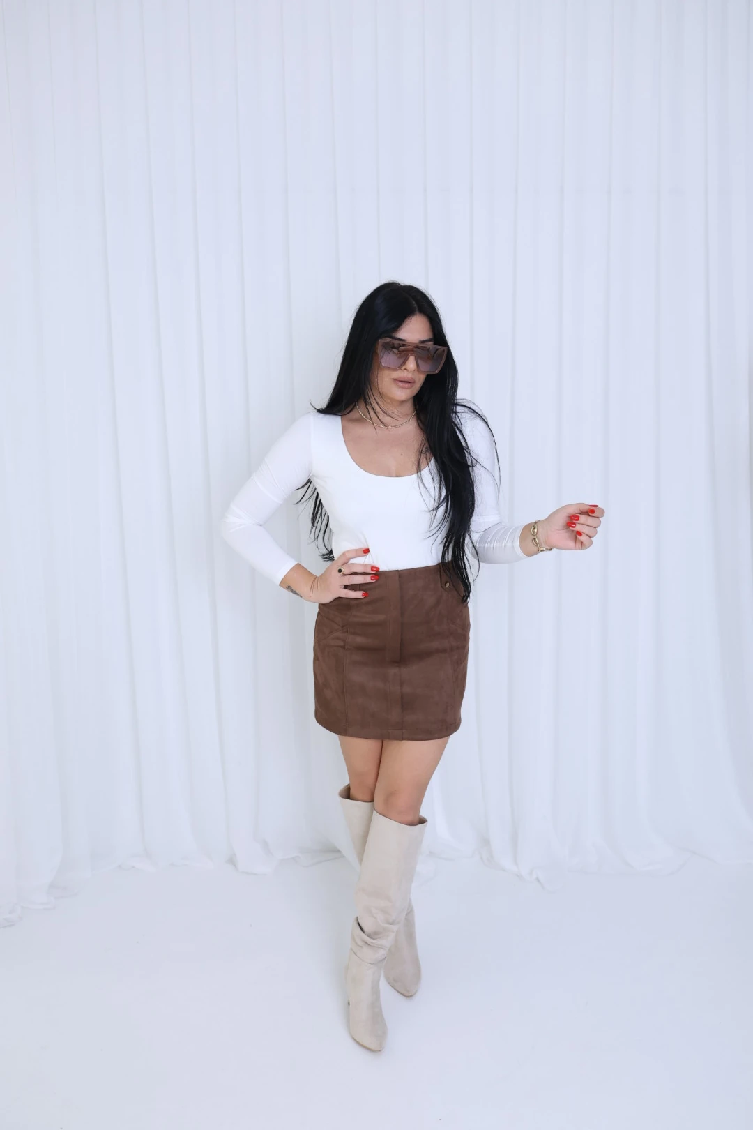 Kare Yaka Uzun Kol Bluz-Beyaz