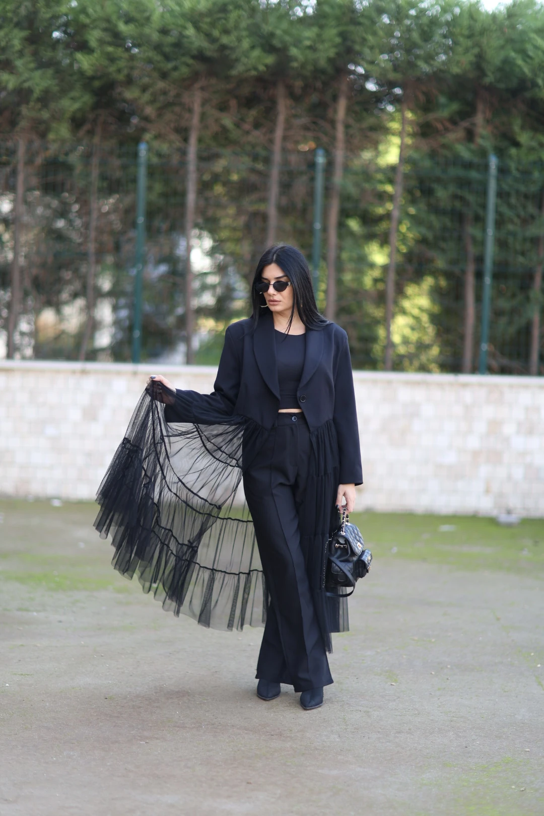 H4 Tüllü Tasarım Trençkot-Siyah