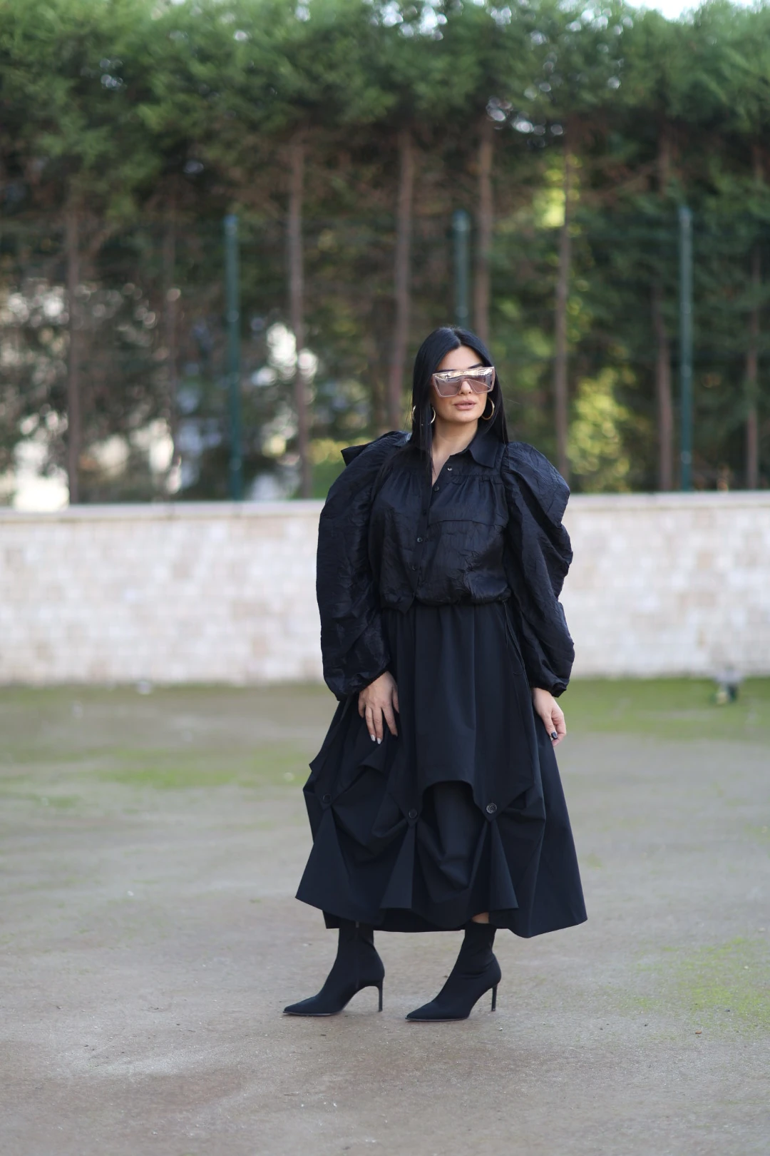 Beli Lastikli Paraşüt Kumaşlı Etek-Siyah