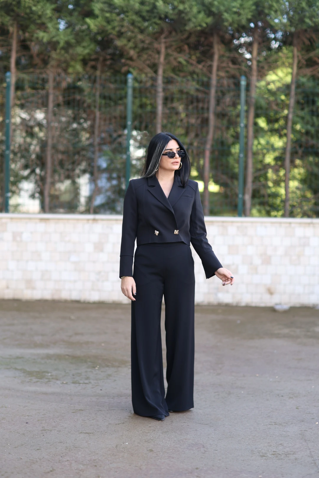 Bol Paça Tasarım Pantolon-Siyah