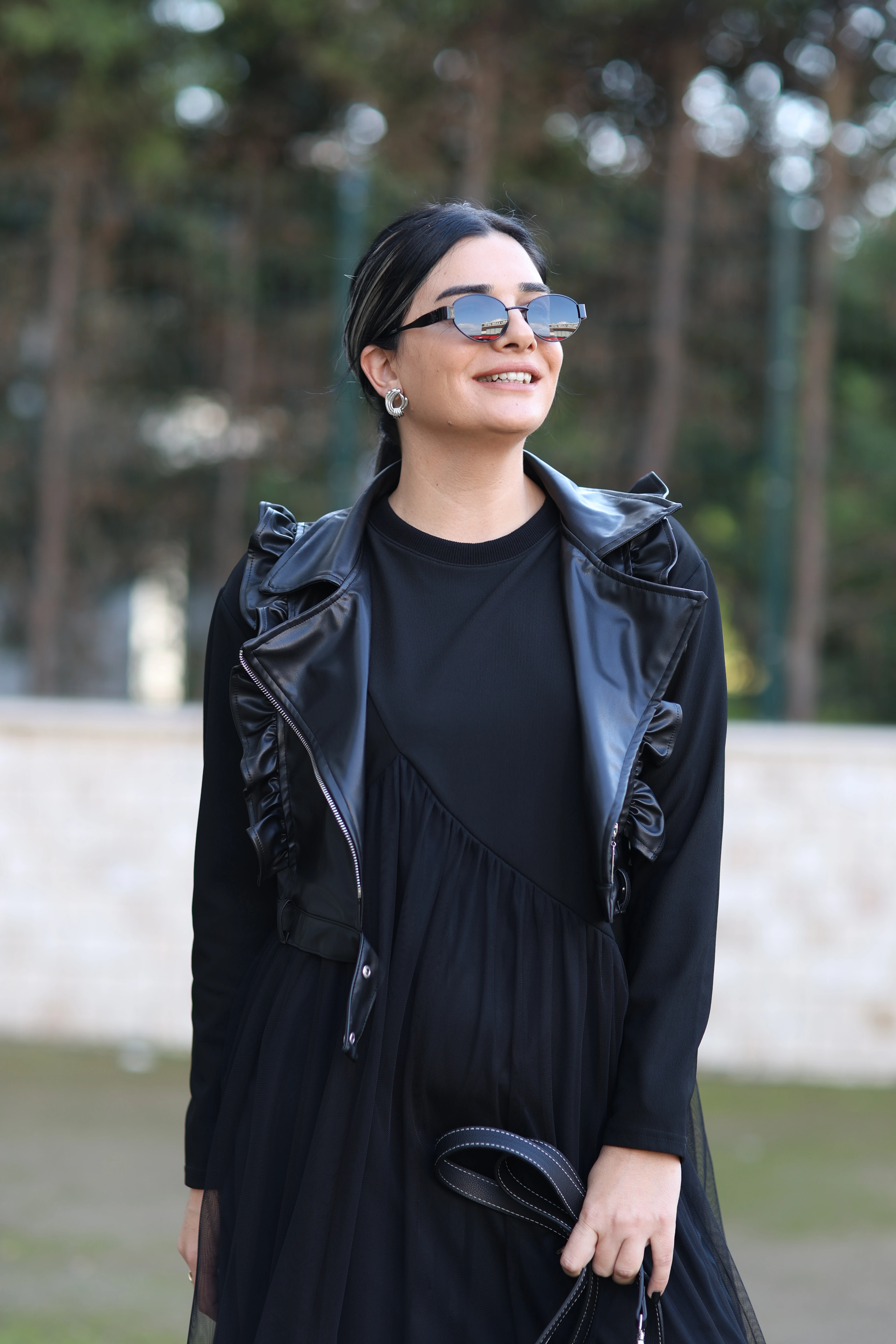 H4 Doğal Deri Yelekli Tasarım Elbise-Siyah