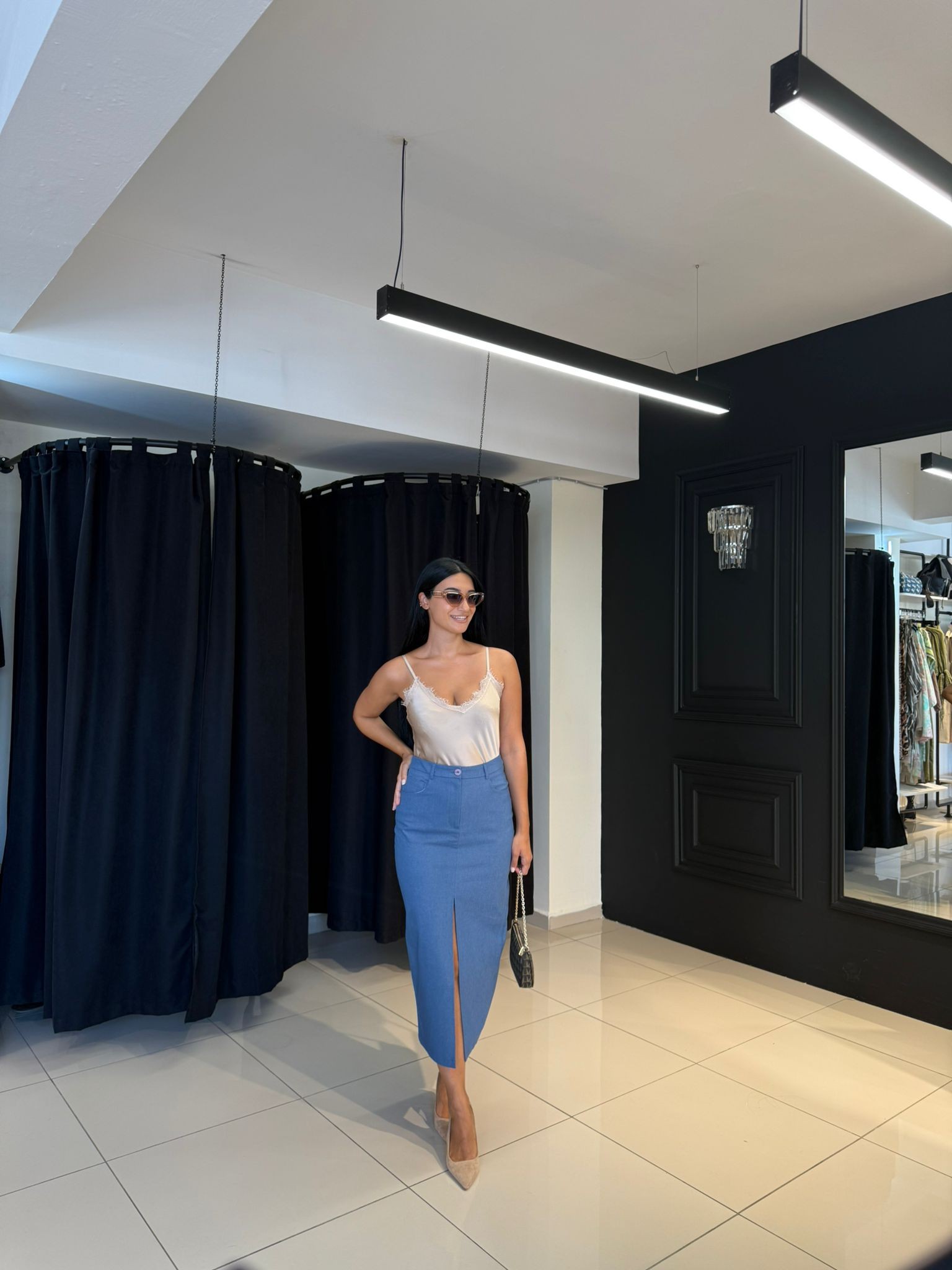 Cotton Yırtmaçlı Etek-MAVİ