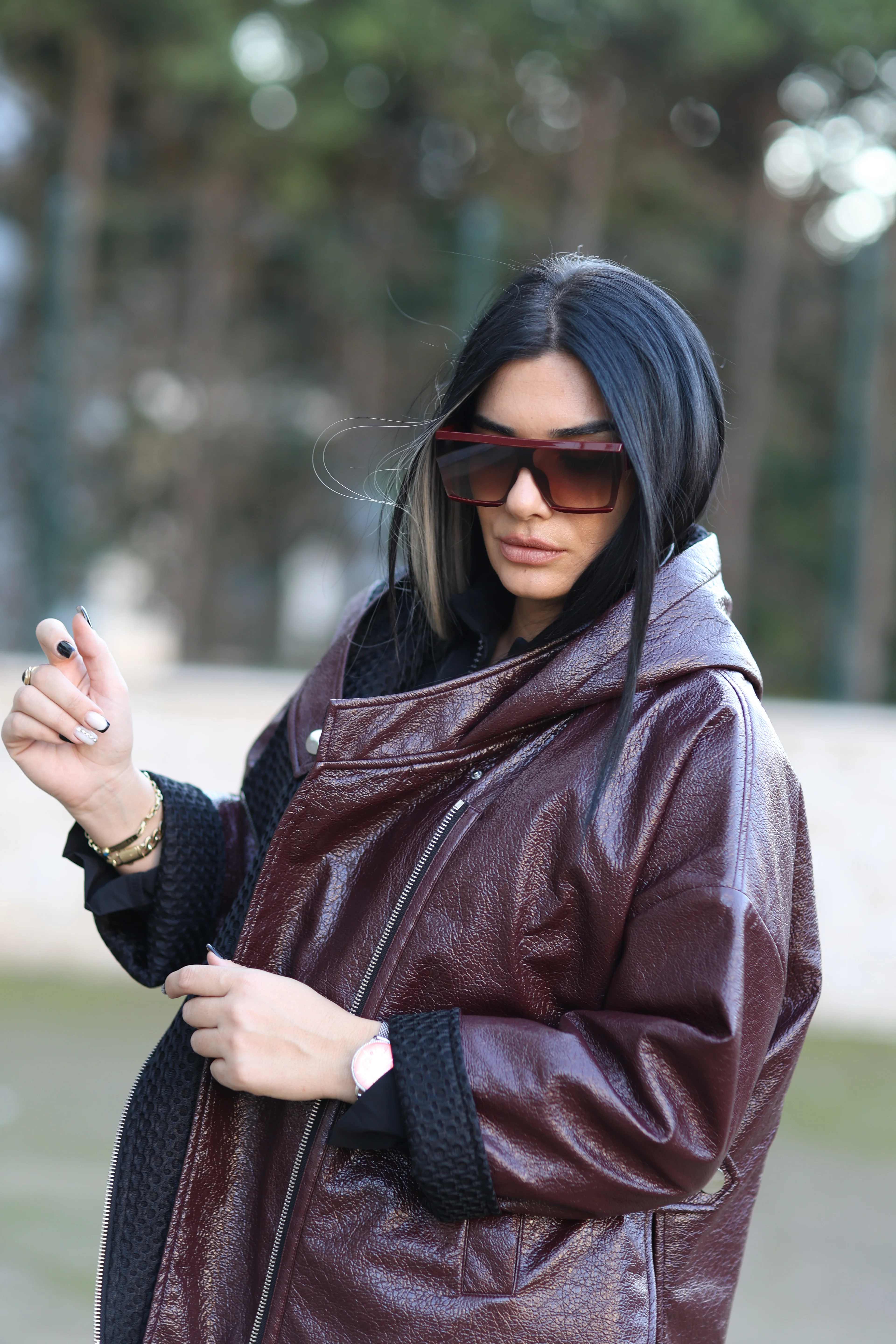 Kasha Kapüşonlu Naturel Deri Mont-Bordo