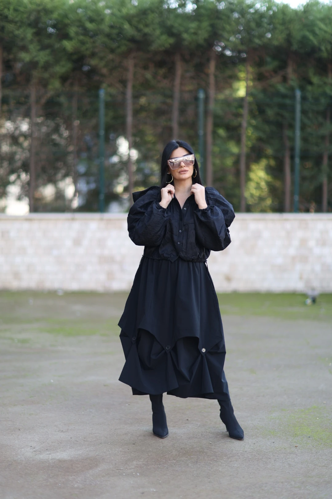 Beli Lastikli Paraşüt Kumaşlı Etek-Siyah