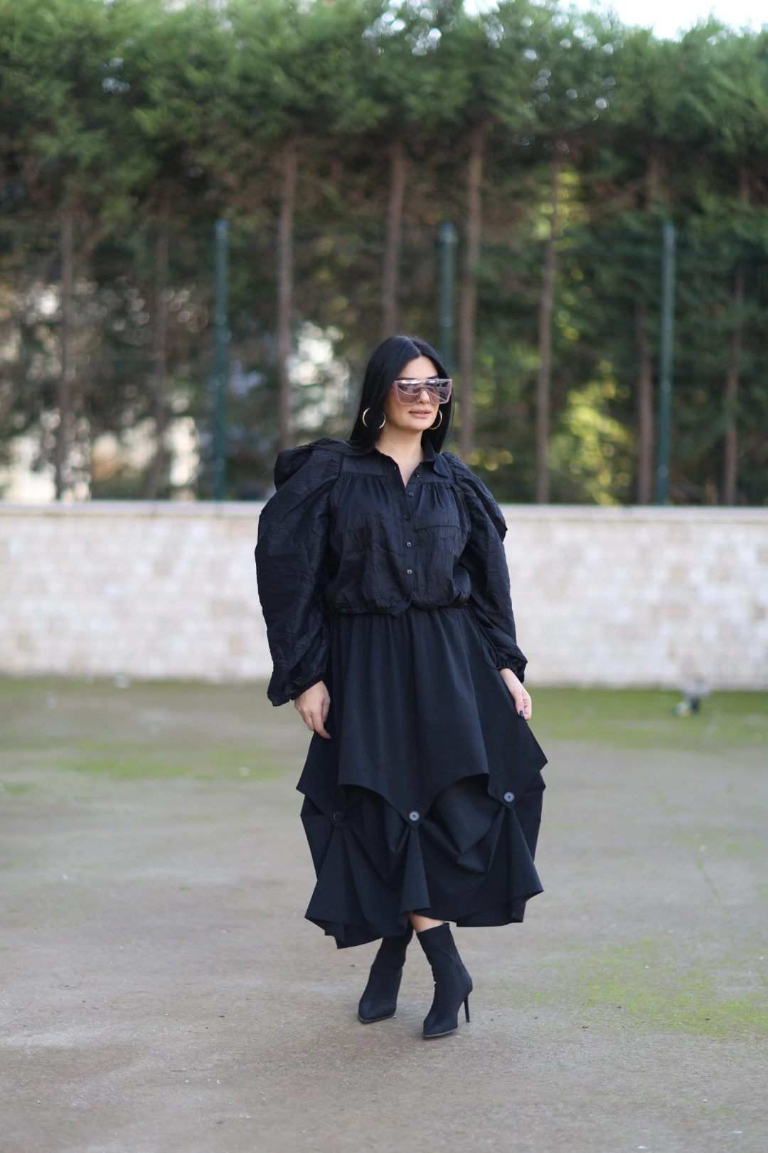 Beli Lastikli Paraşüt Kumaşlı Etek-Siyah