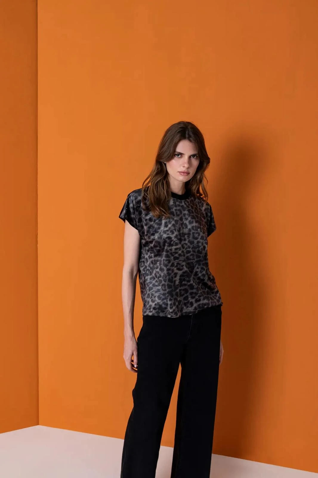 Büyük Beden-Haki Digital Baskılı Kadife Bluz