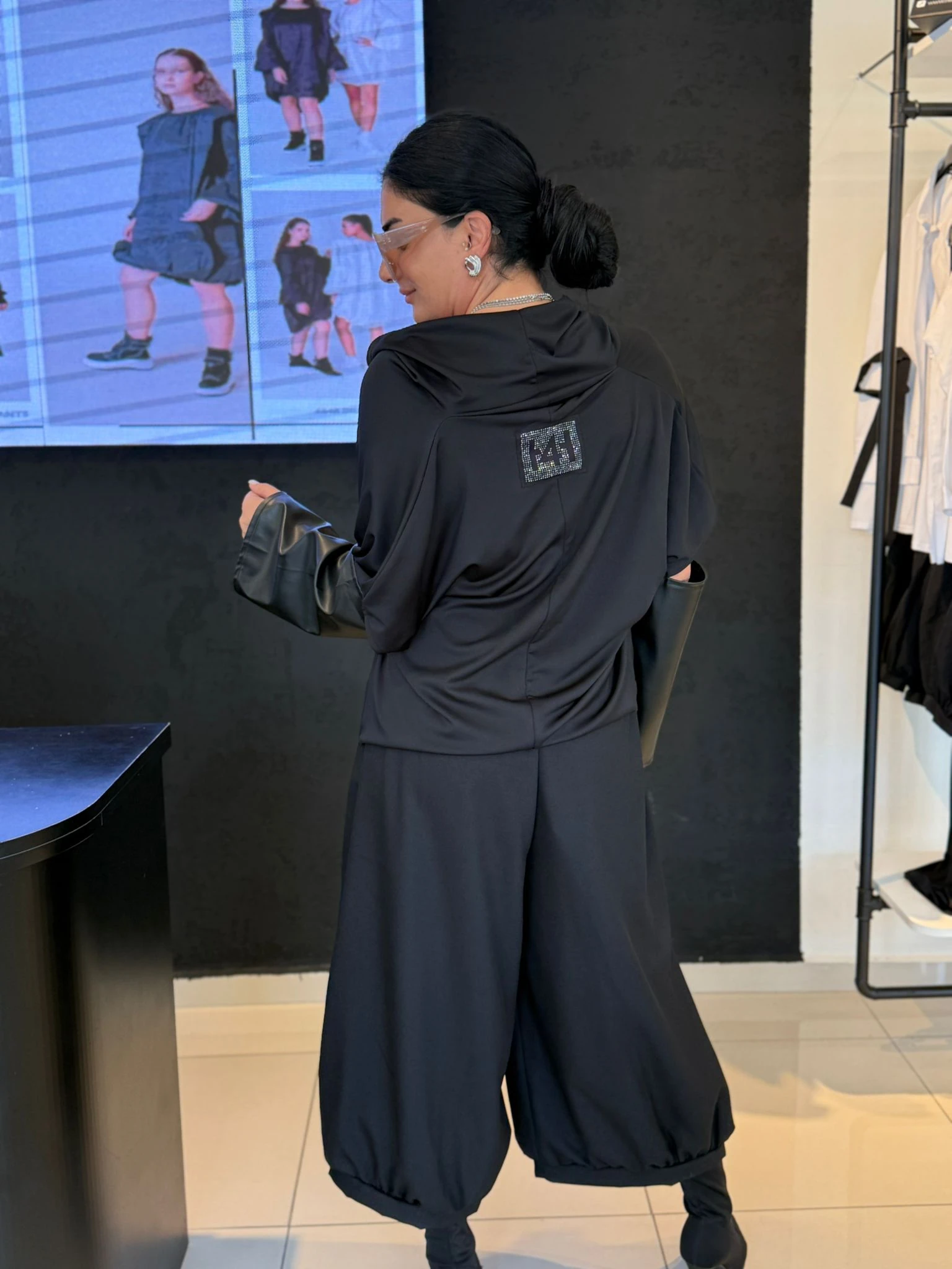 Dökümlü Doğal Deri/Jarse Kumaş Tasarım Bluz-Siyah