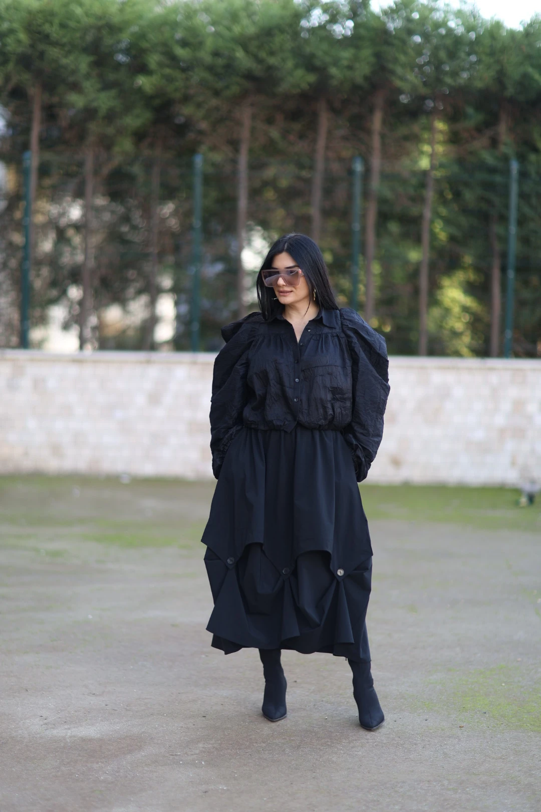 Beli Lastikli Paraşüt Kumaşlı Etek-Siyah