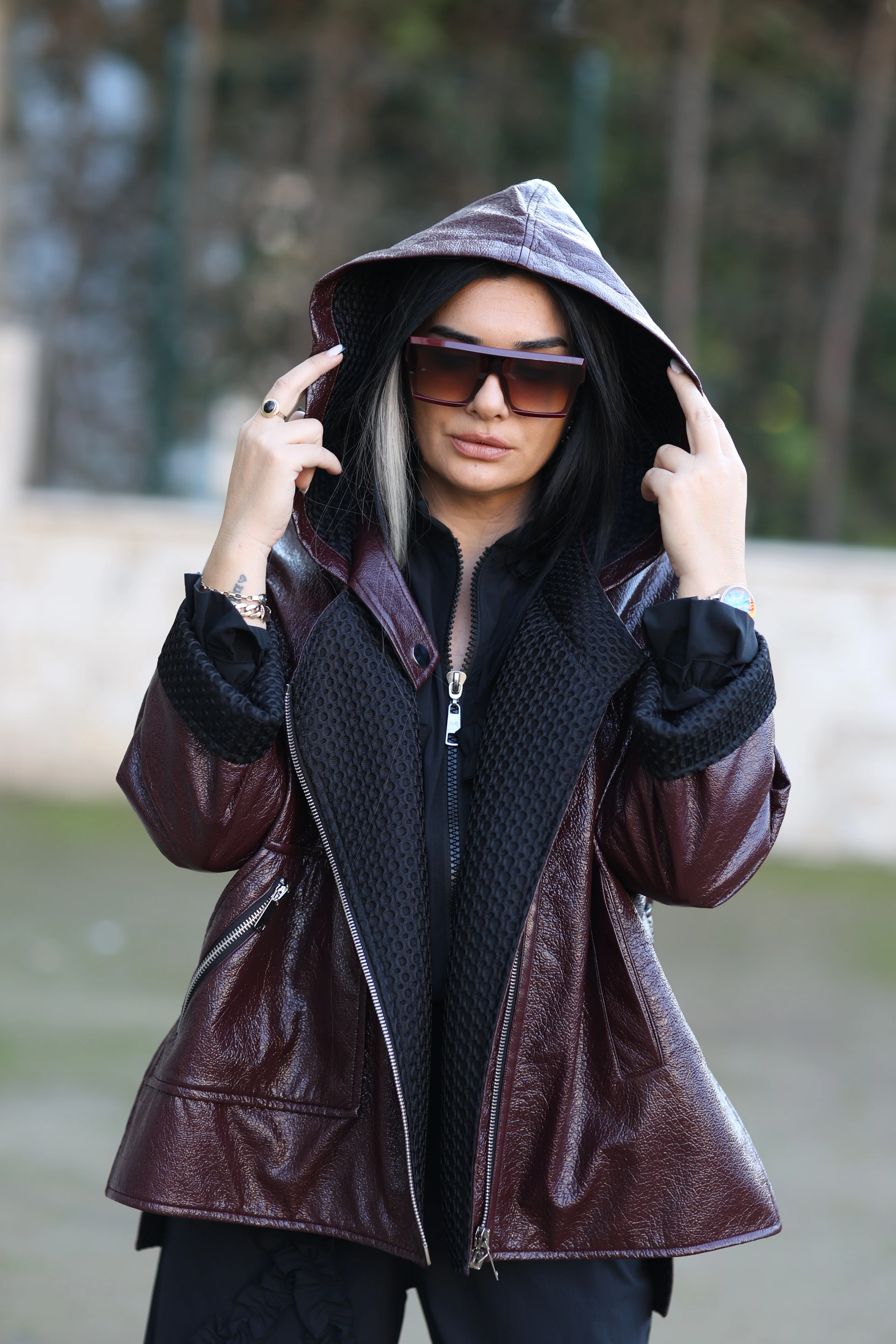 Kasha Kapüşonlu Naturel Deri Mont-Bordo