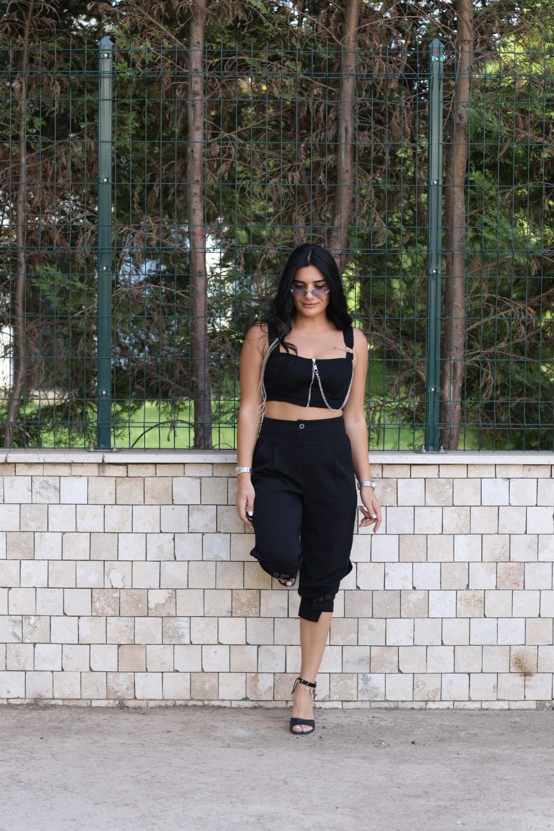 Düğmeli Kumaş Pantolon-Siyah