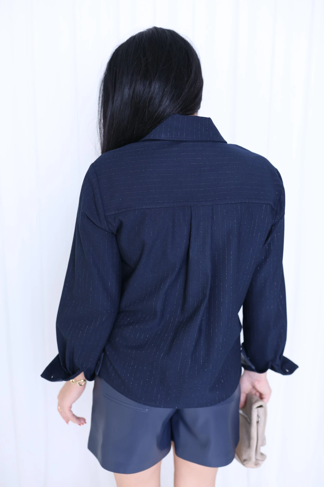 Tasarım Deri Garnili Gömlek-Lacivert