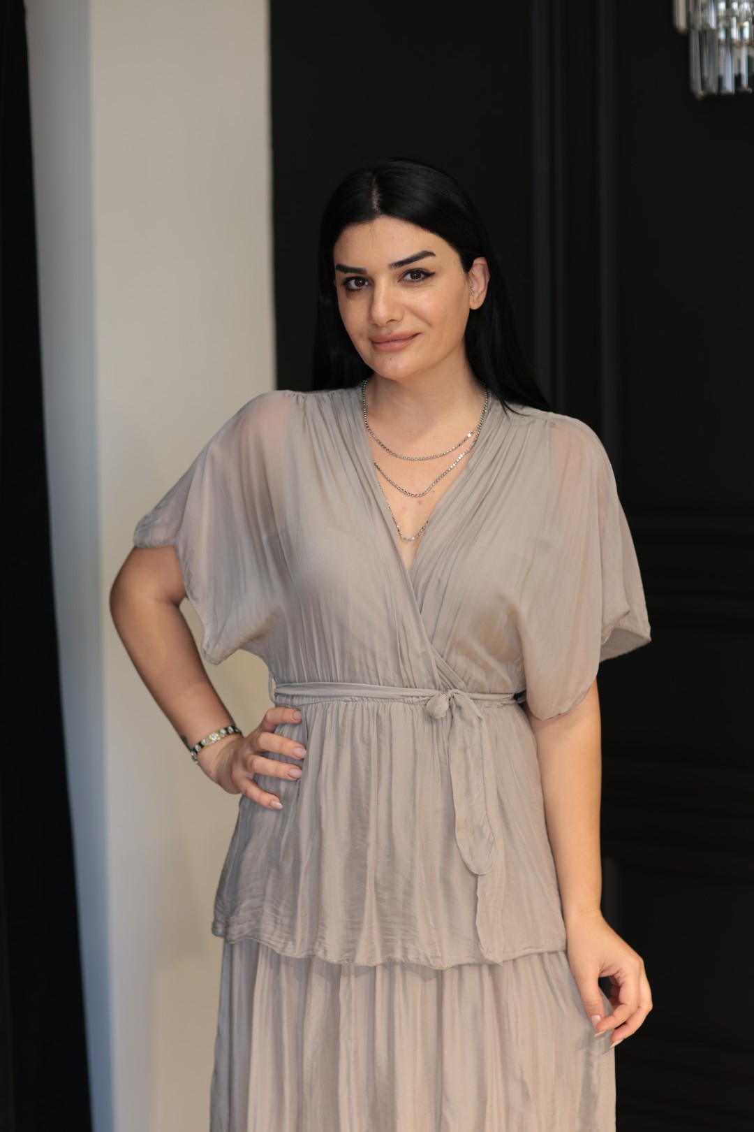 İthal İpek Romantik Elbise-Vizon
