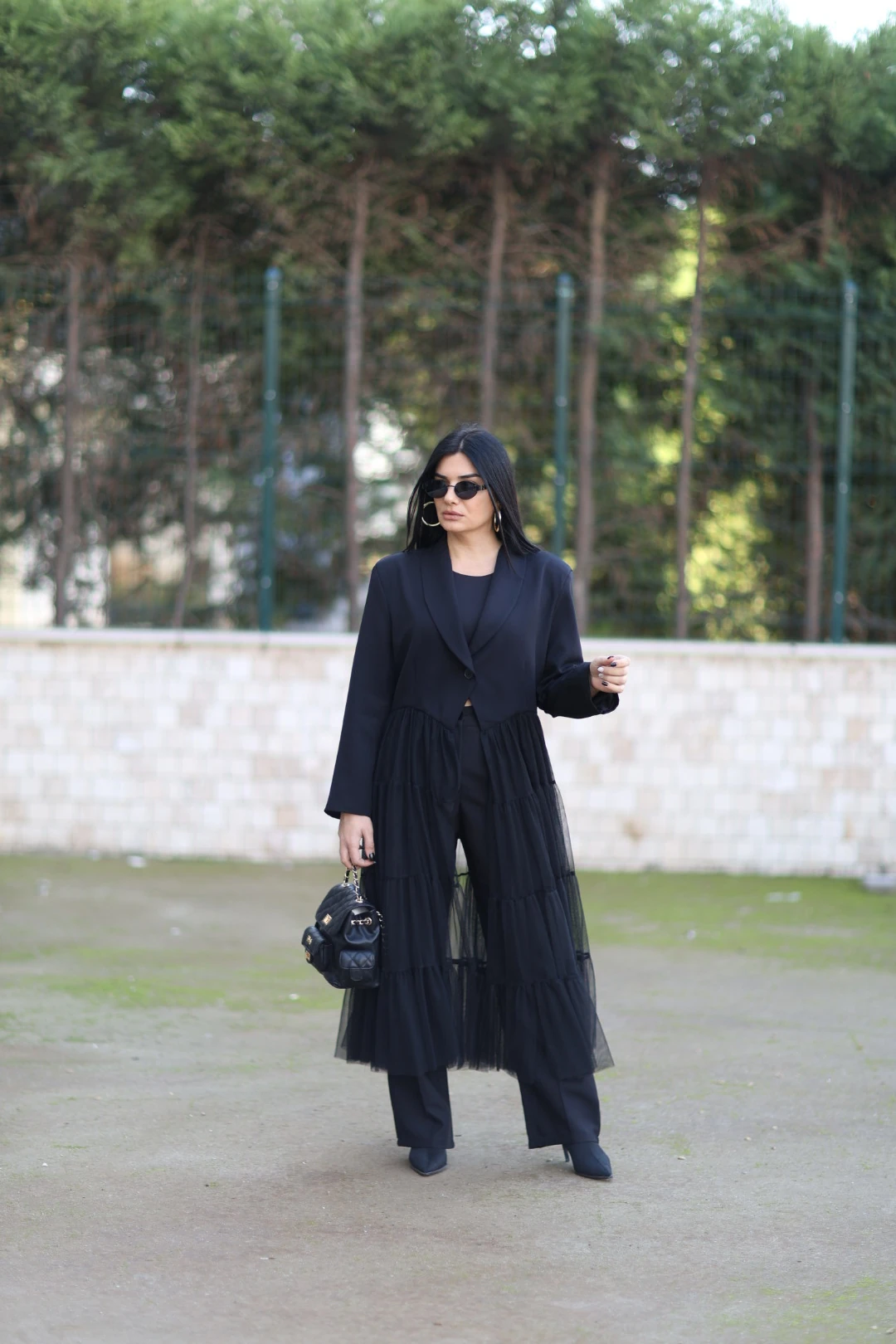 H4 Tüllü Tasarım Trençkot-Siyah