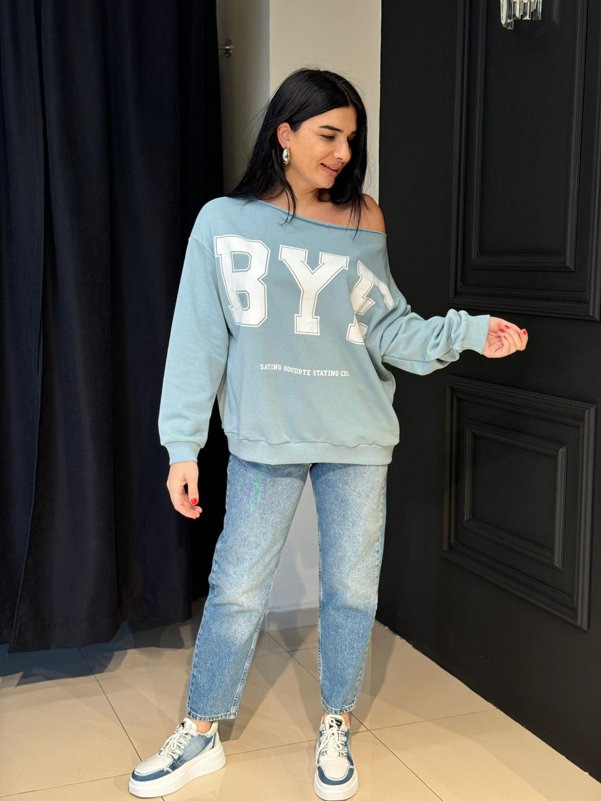 Düşük Omuz Sweatshirt-Bebe Mavisi