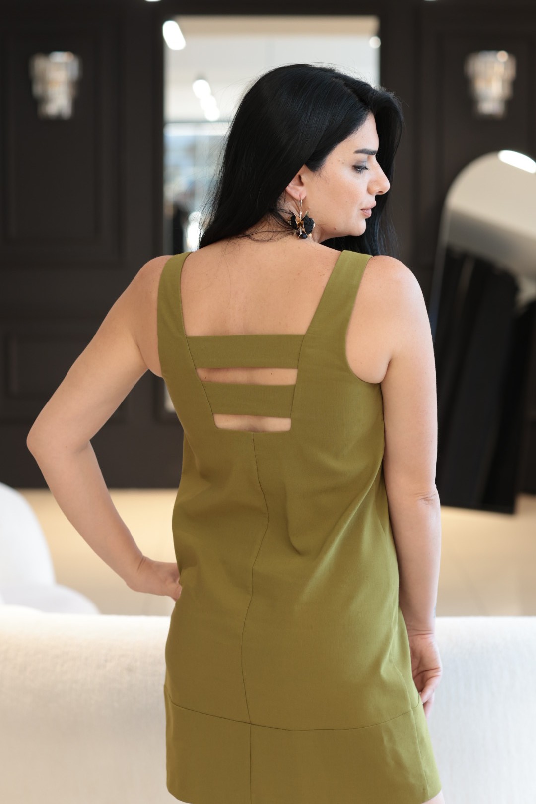 Olive Cepli Kolsuz Elbise 
