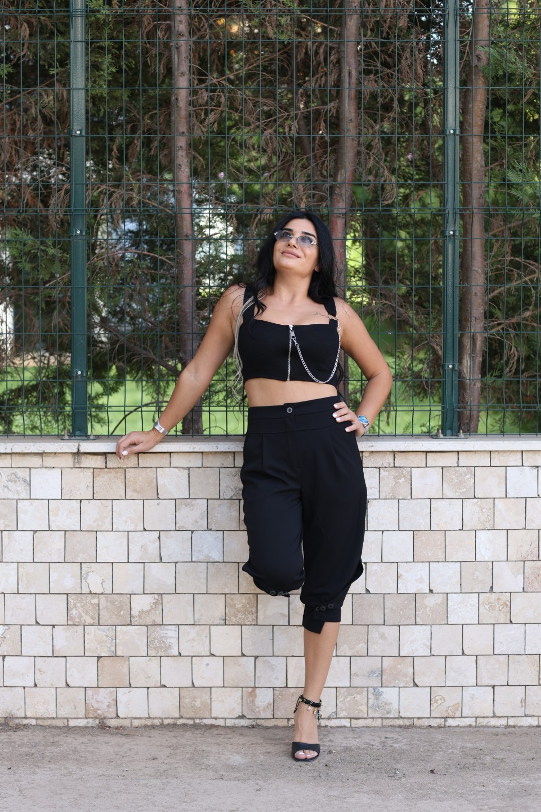 Düğmeli Kumaş Pantolon-Siyah