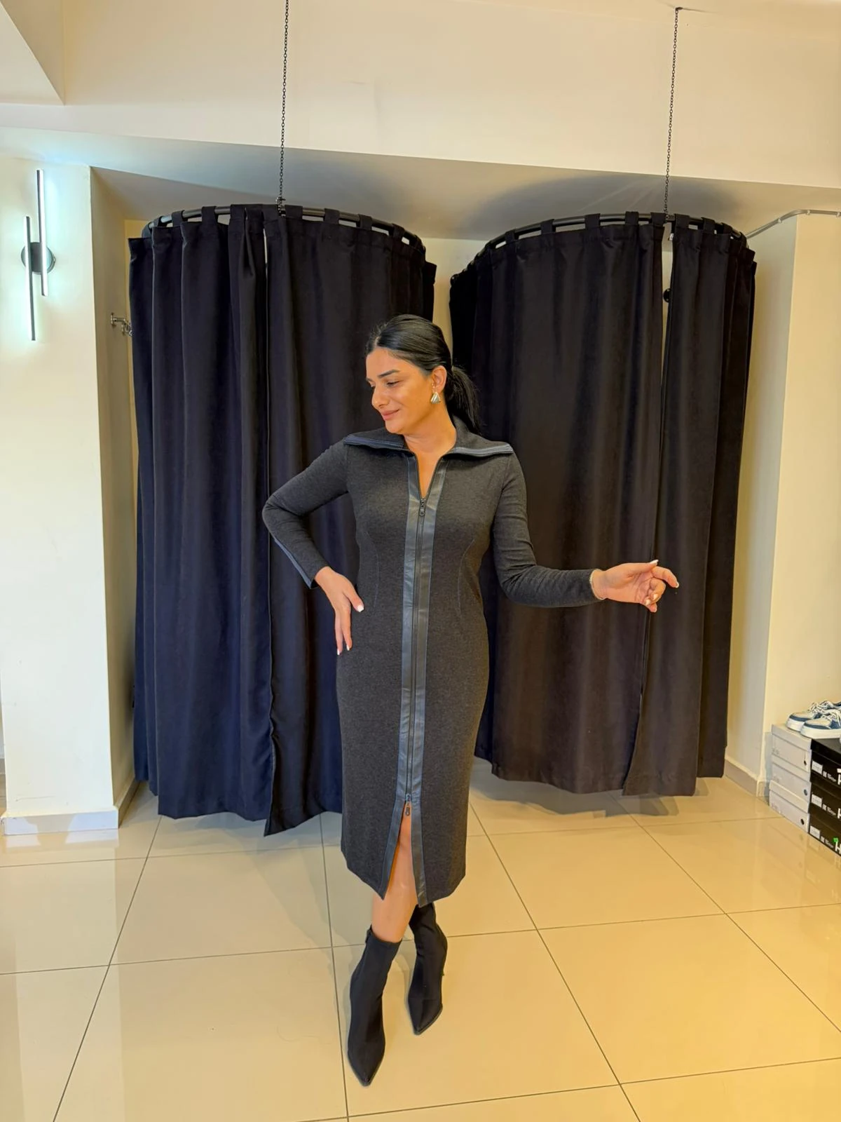 Kasha Fermuarlı Uzun Elbise-Antrasit