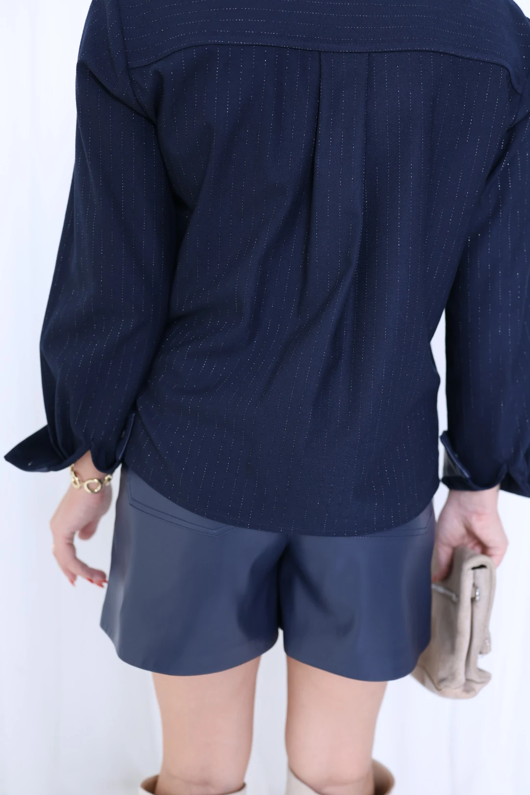 Tasarım Deri Garnili Gömlek-Lacivert