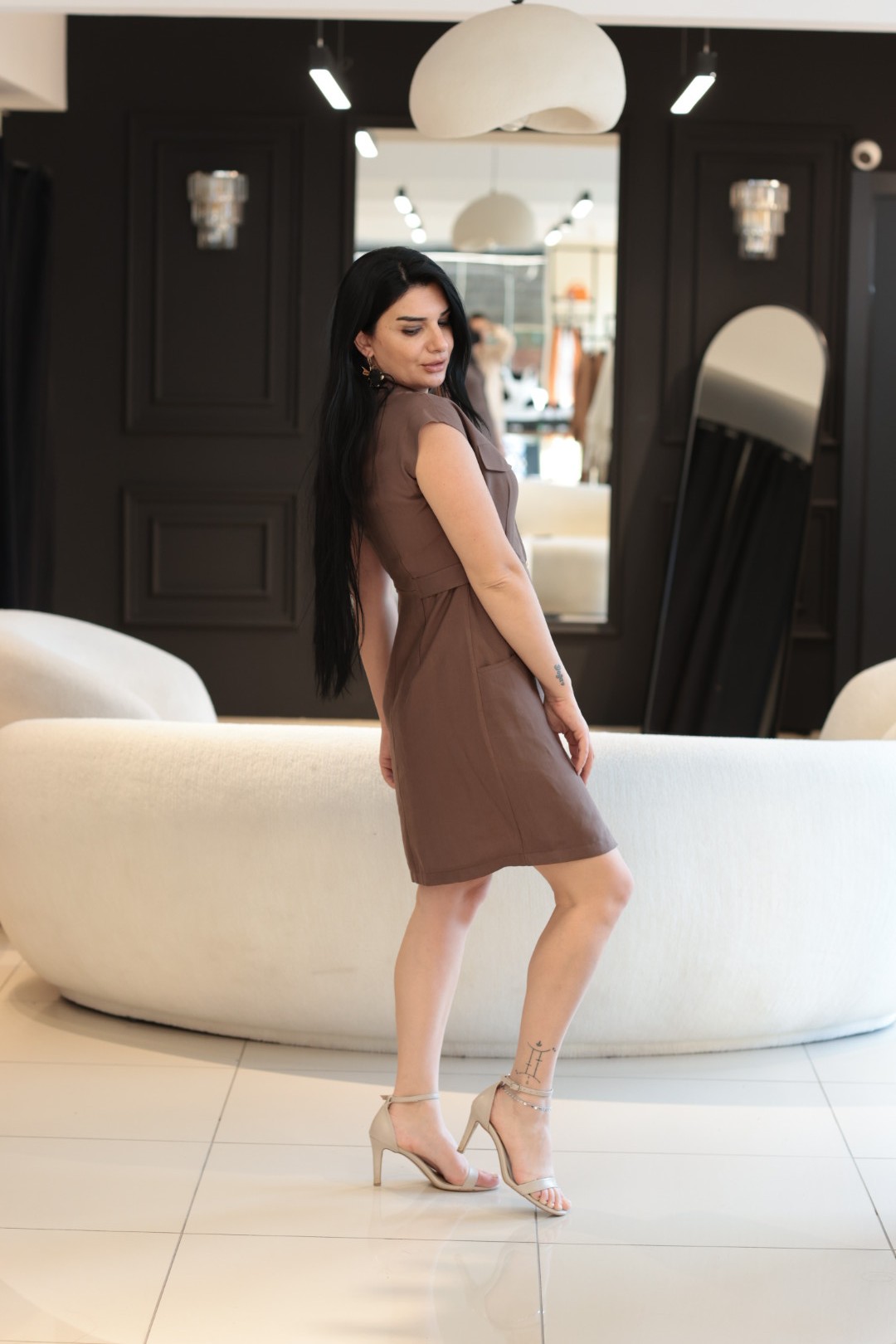 Kahve Tencel Düğmeli Elbise 