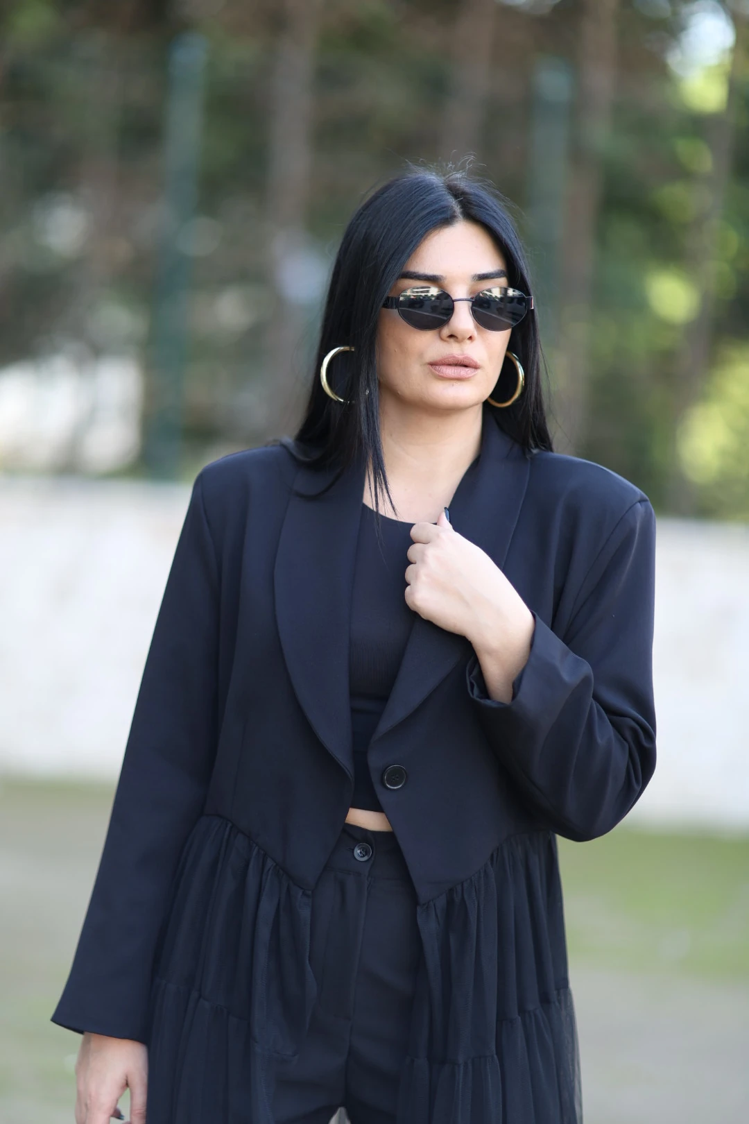 H4 Tüllü Tasarım Trençkot-Siyah