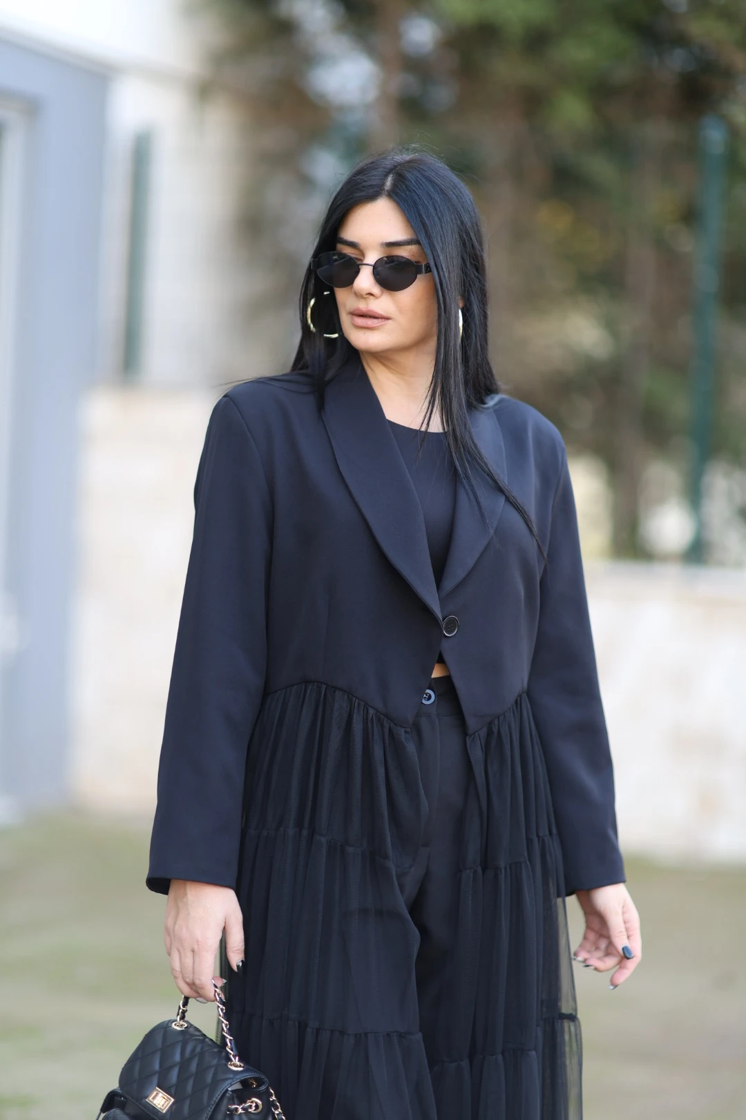 H4 Tüllü Tasarım Trençkot-Siyah