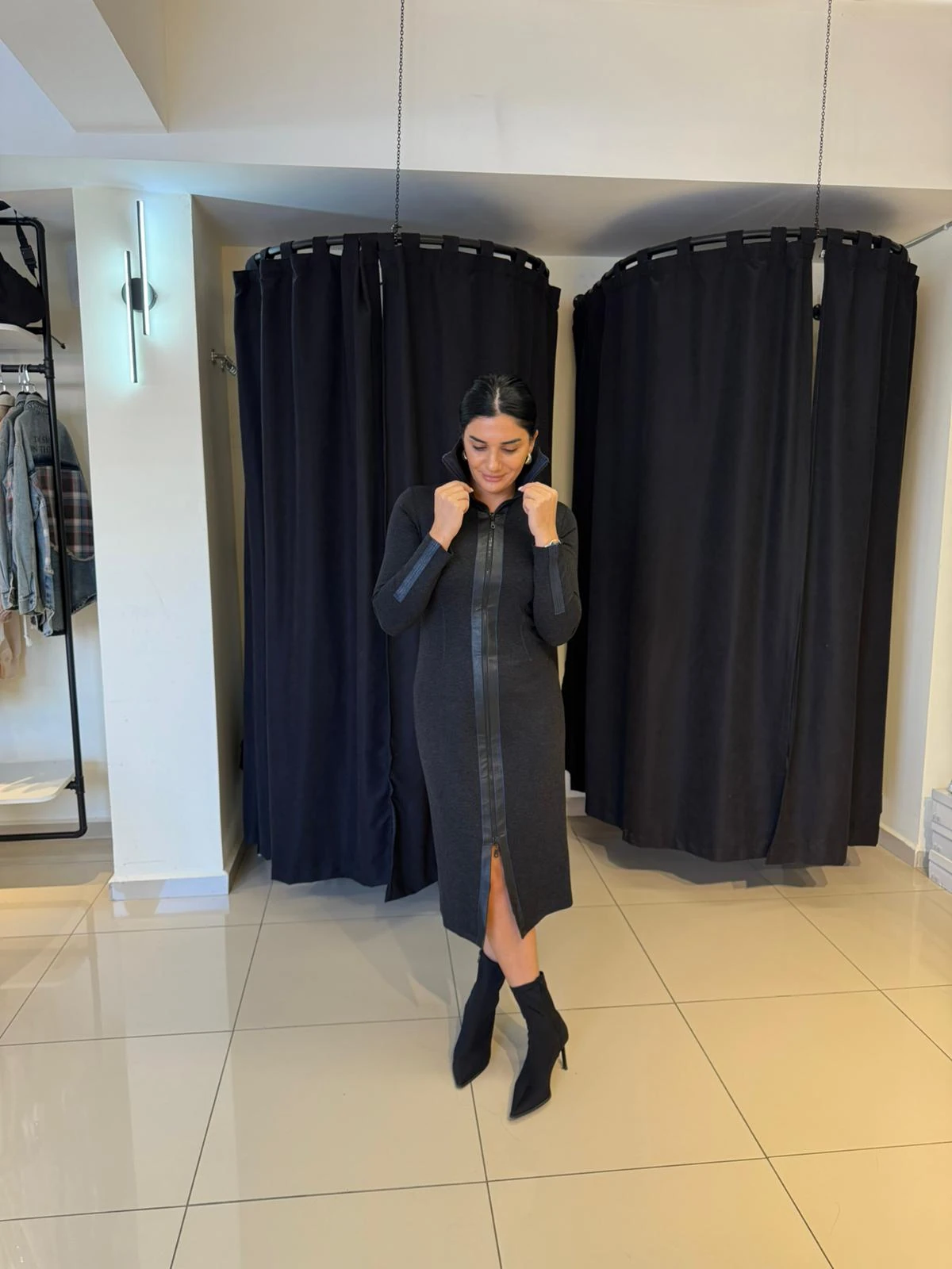 Kasha Fermuarlı Uzun Elbise-Antrasit