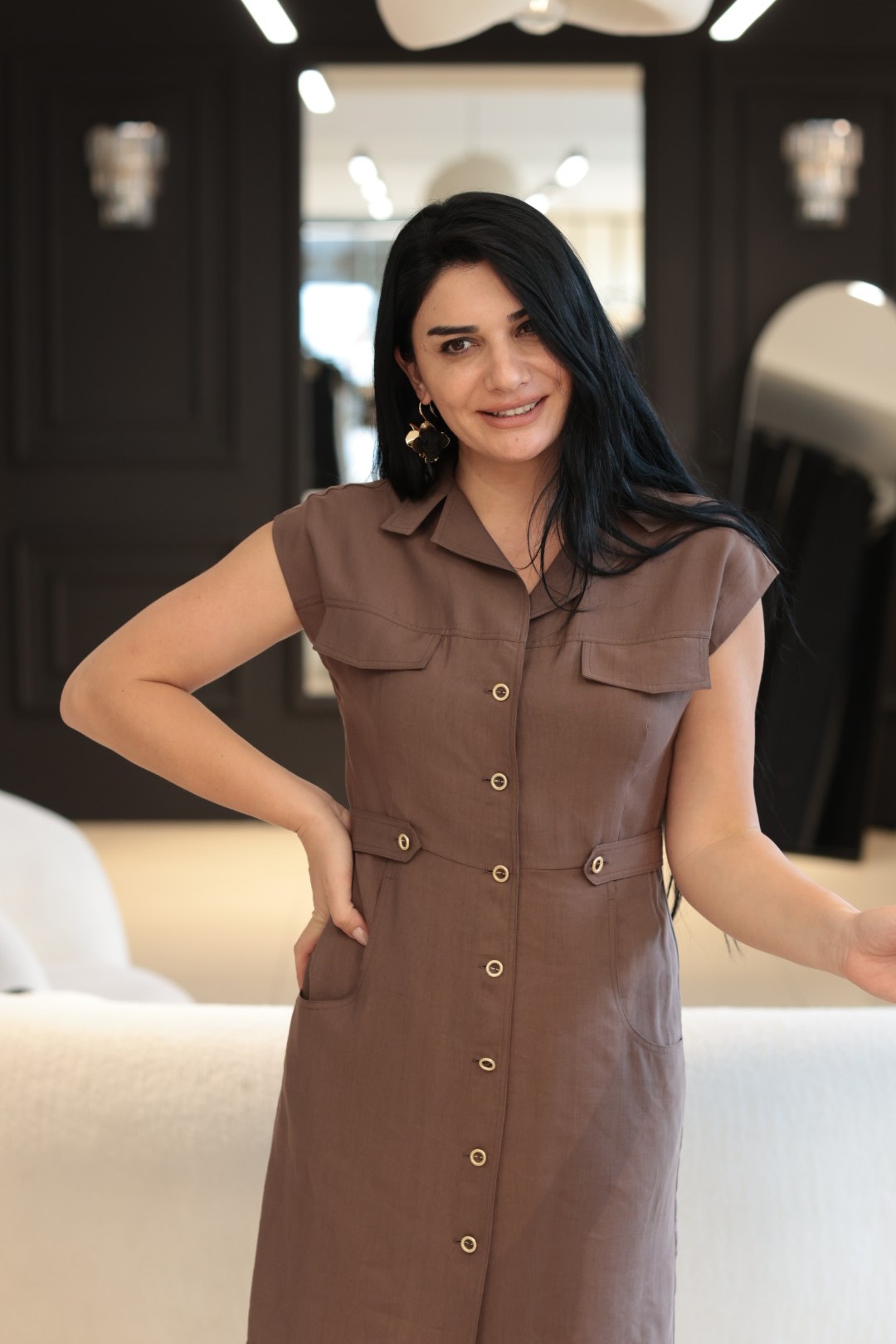 Kahve Tencel Düğmeli Elbise 
