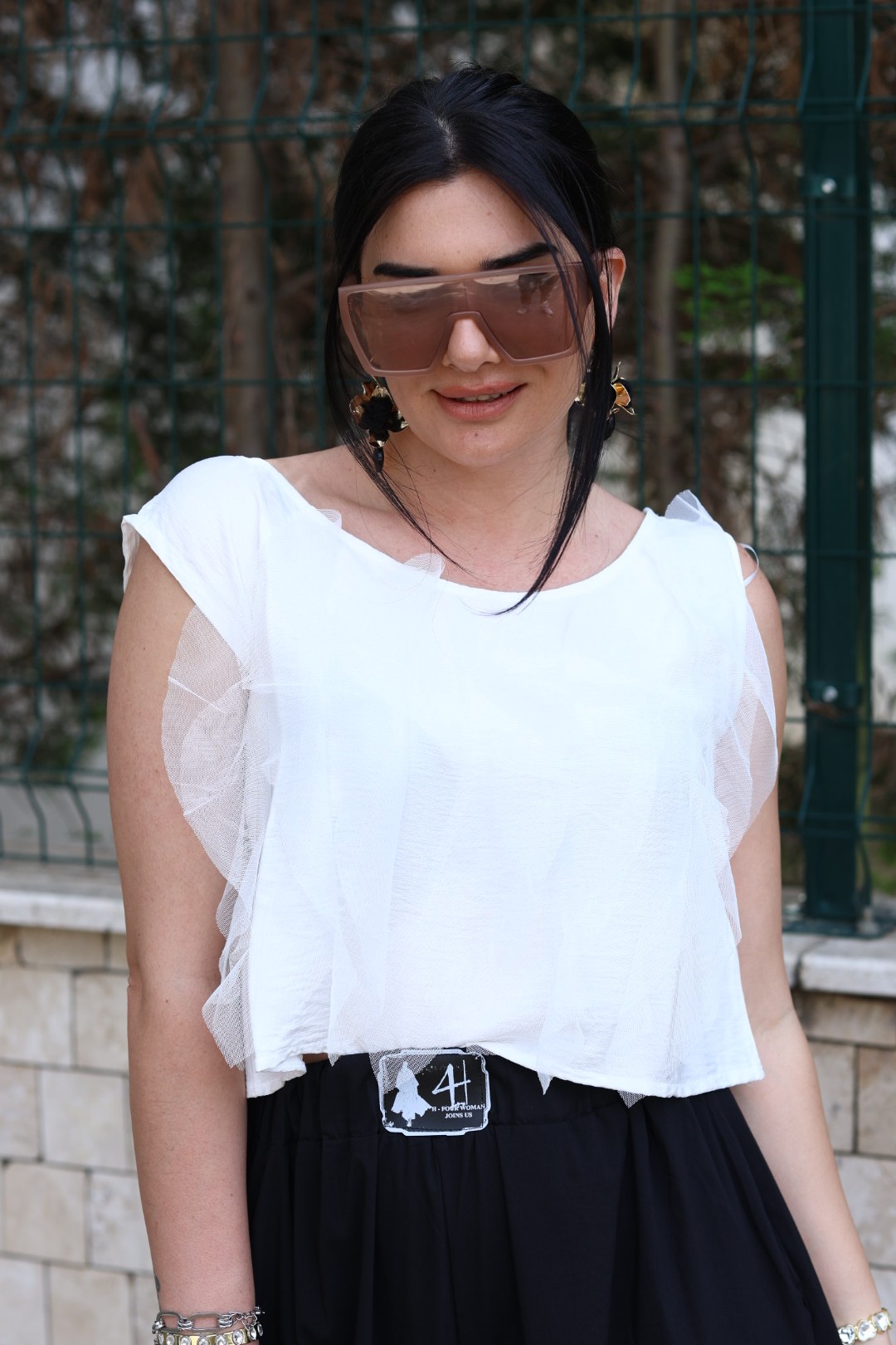 Tül Detaylı Tasarım Beyaz Bluz