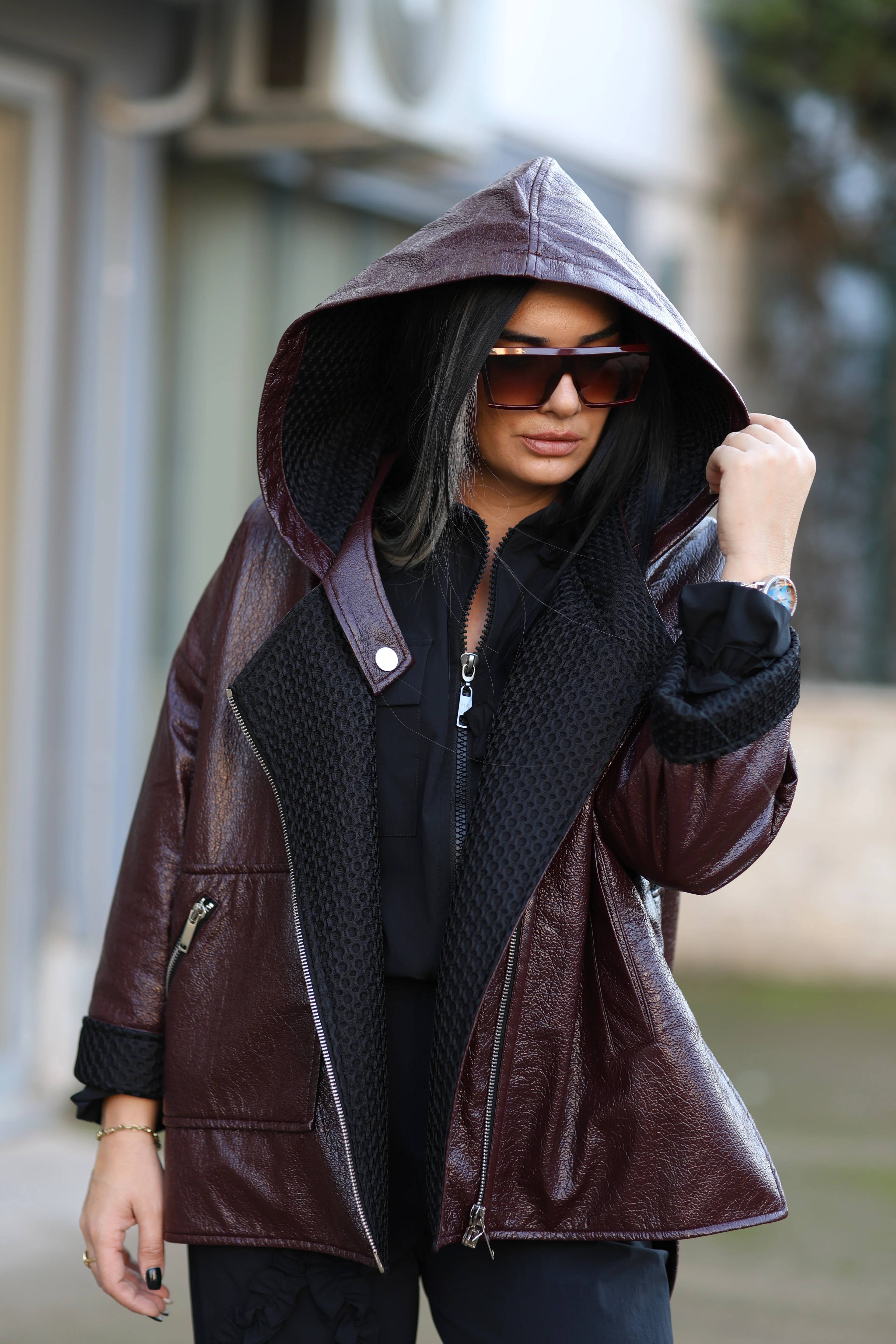 Kasha Kapüşonlu Naturel Deri Mont-Bordo