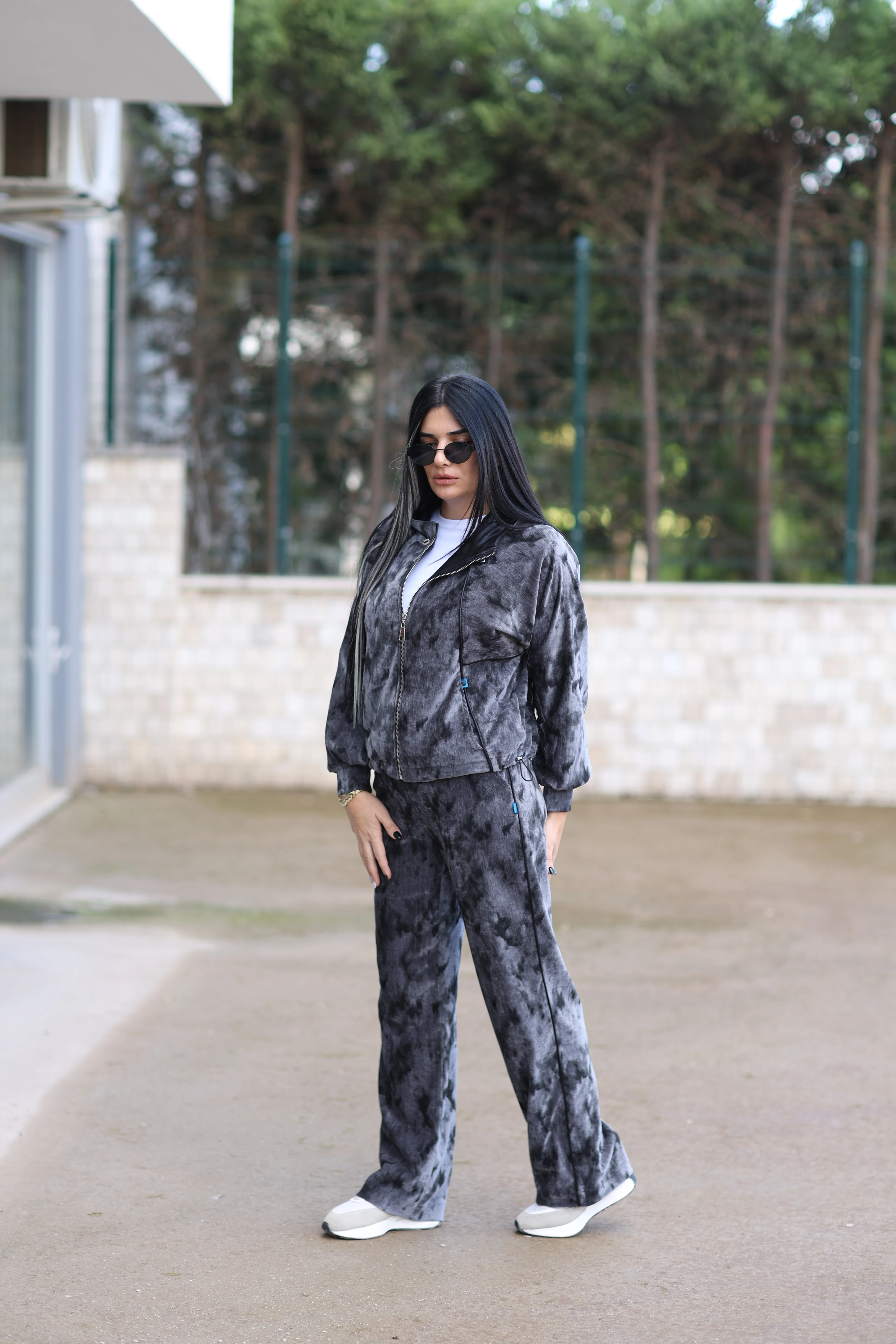 Baskılı Bol Paça Tasarım Pantolon-Antrasit